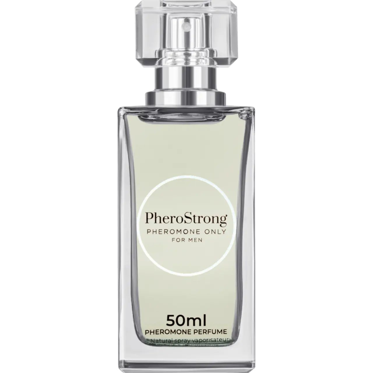 Parfümflasche mit Sprühkopf. Klarer Behälter mit grünlicher Flüssigkeit. Text: PheroStrong, 50ml.