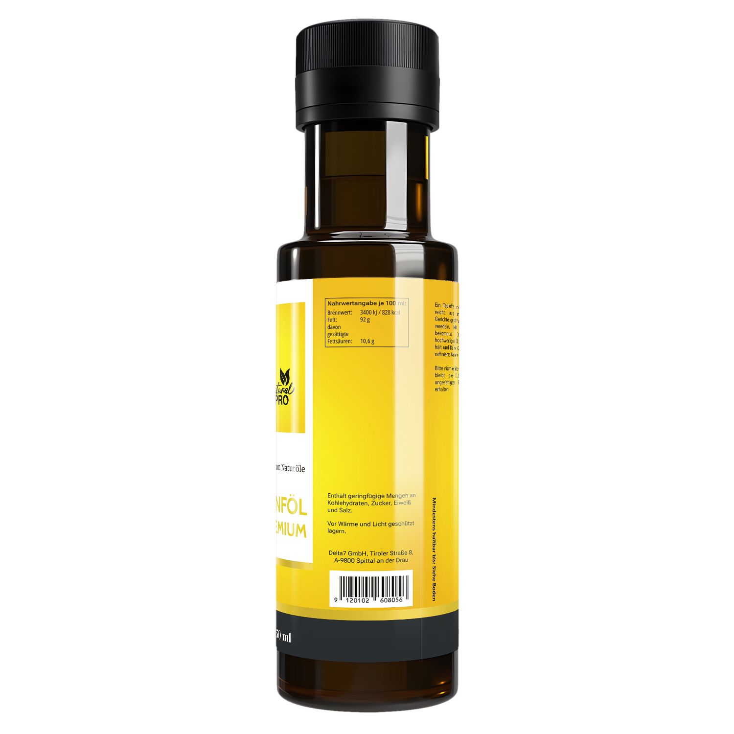 Senföl Premium Flasche, Rückseite. Gelbes Etikett, schwarzer Deckel. Text: Nährwertangaben, Zutaten, Herstellerinformationen, Barcode.