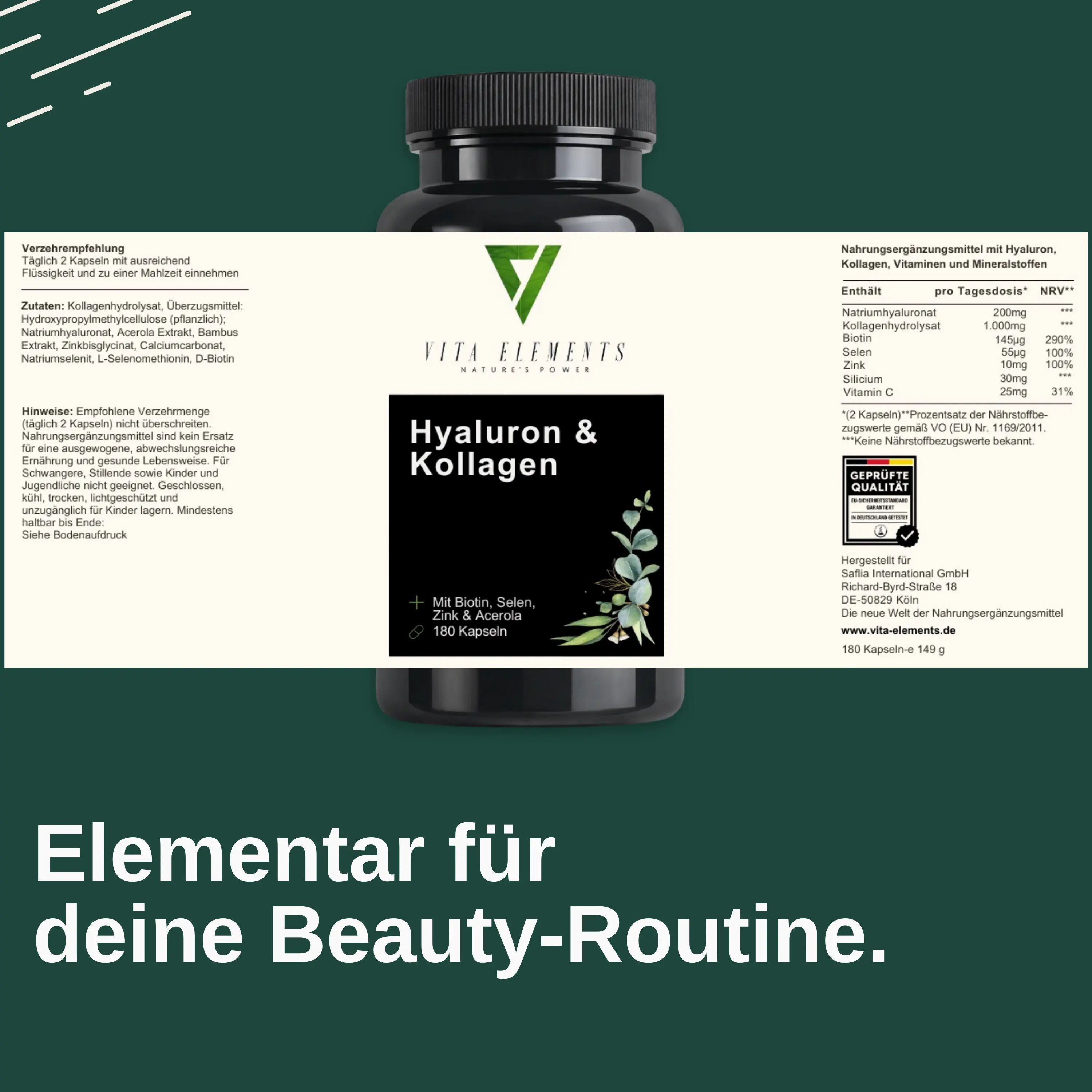 Rückseite der Dose Vita Elements Hyaluron & Kollagen Kapseln. Enthält Nährwertangaben, Inhaltsstoffe und Qualitätszertifikat.