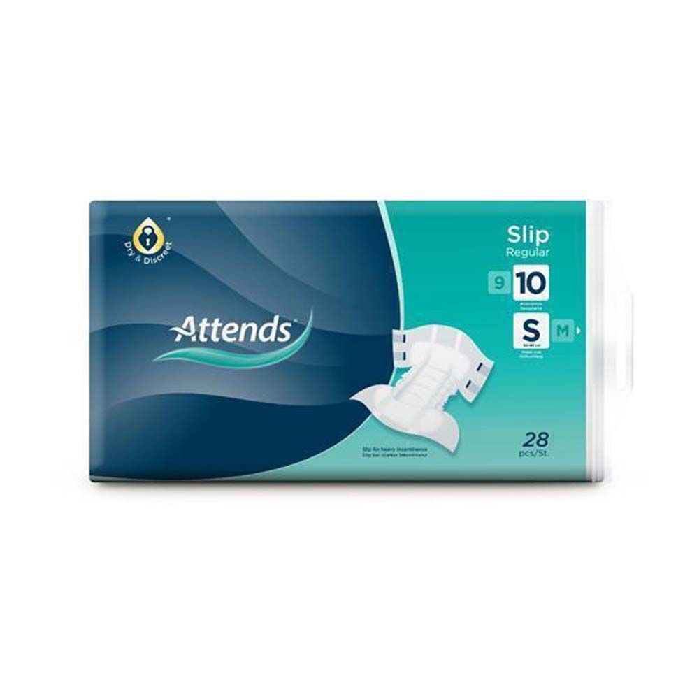 Attends Slip Regular 10 S-Packung. Blaue Verpackung mit Produktabbildung. Text: Attends, Slip Regular, 28 Stück.