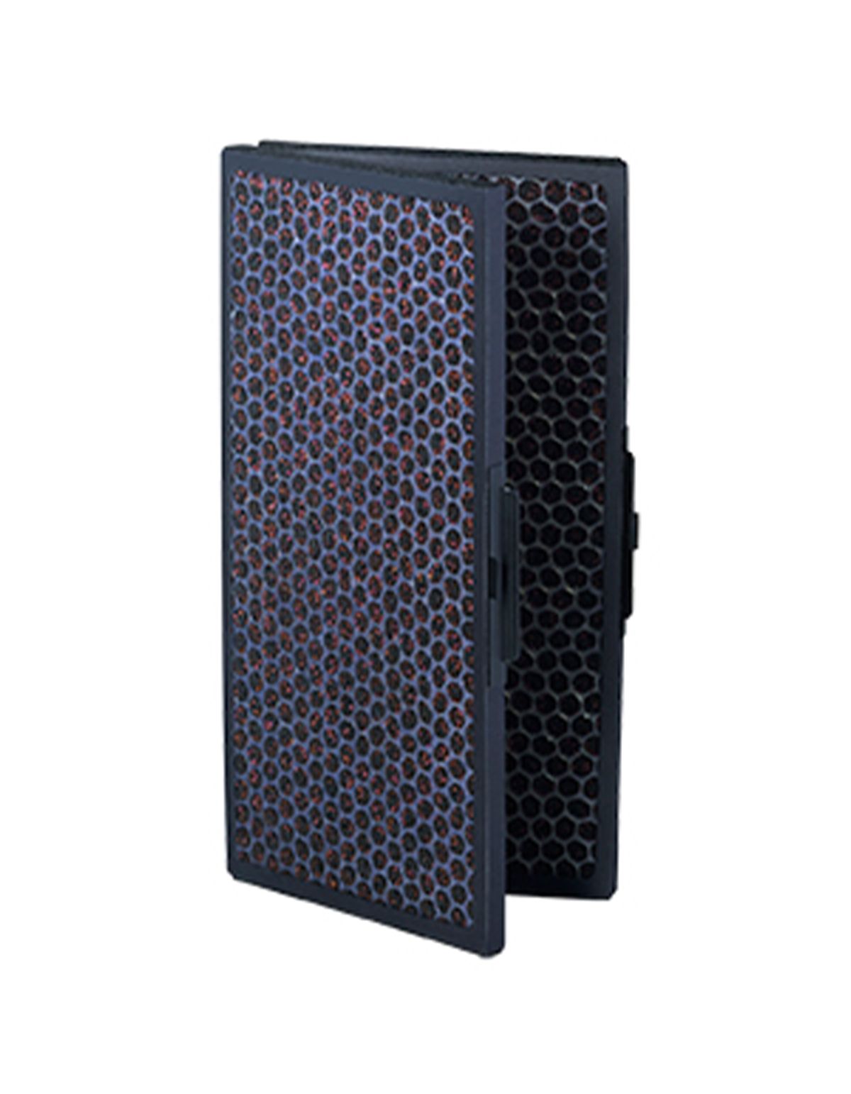 Luftfilter mit Wabenstruktur. Schwarzer Rahmen, graue Filterfläche mit roten Punkten. Zwei Filterelemente, leicht geöffnet.