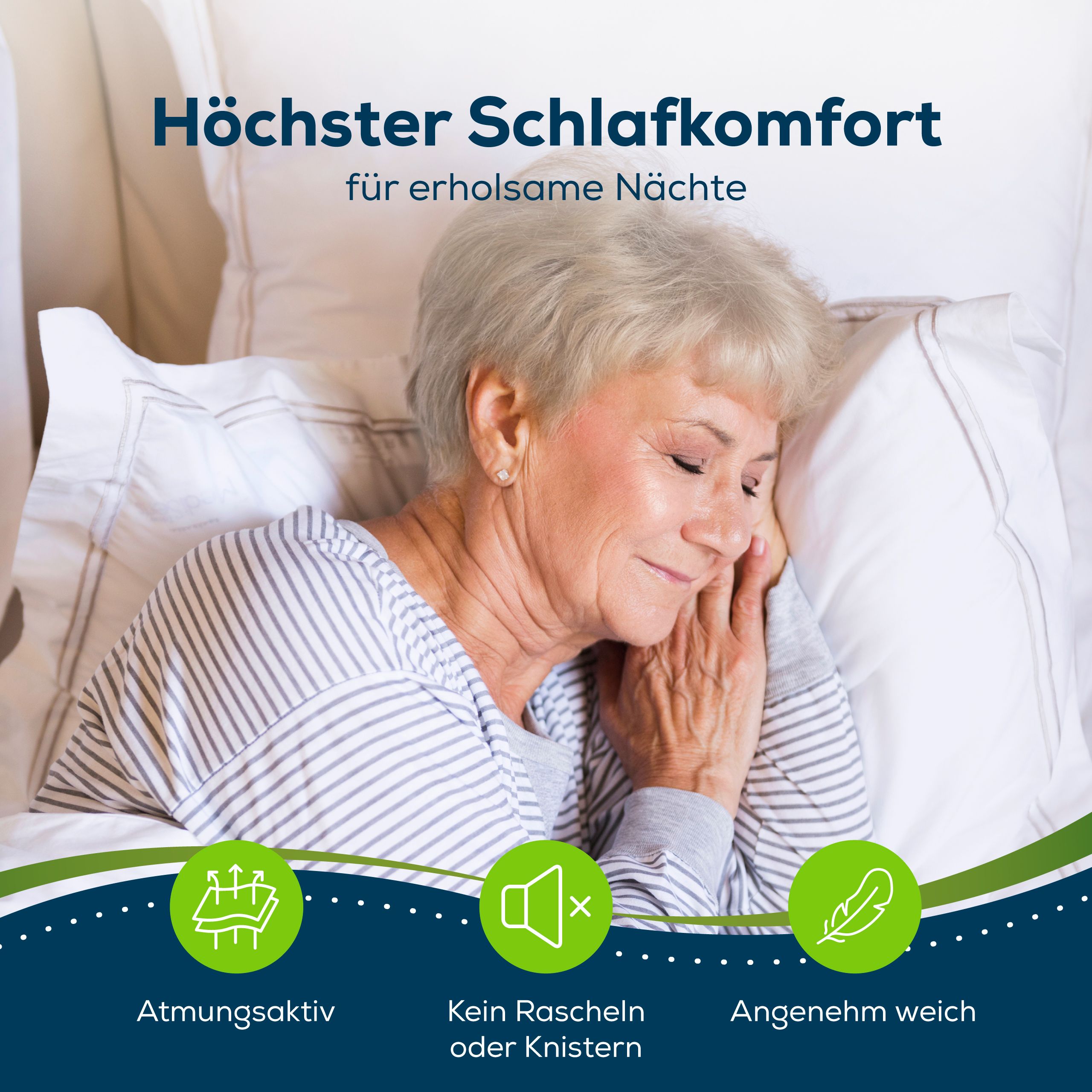 Ältere Frau schläft friedlich. Symbole: atmungsaktiv, geräuscharm, weich. Text: Höchster Schlafkomfort für erholsame Nächte.