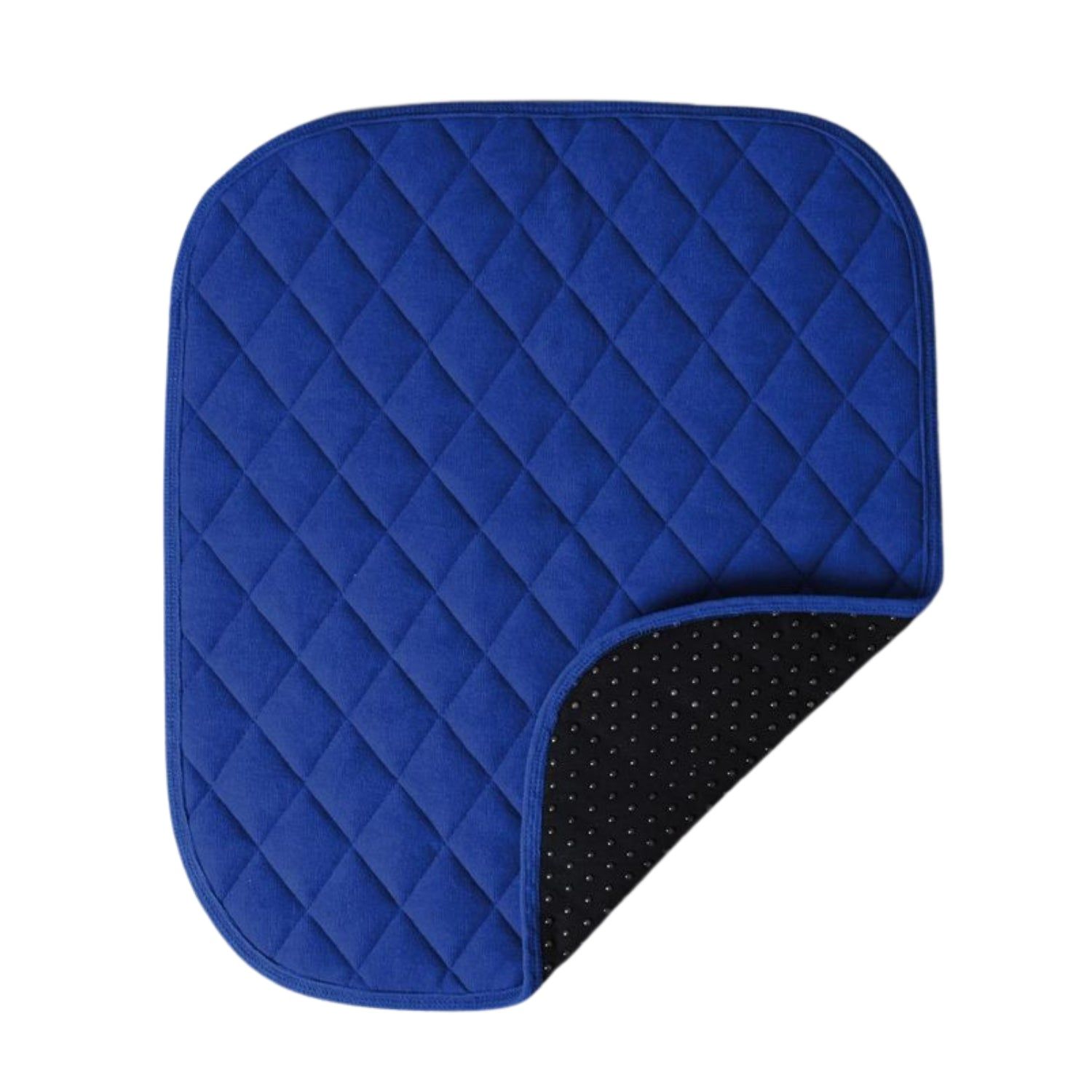 Blaue Sitzauflage mit Anti-Rutsch-Noppen. Quadratische Form mit abgerundeten Ecken. Schwarze Anti-Rutsch-Unterseite mit weißen Punkten. Steppung.