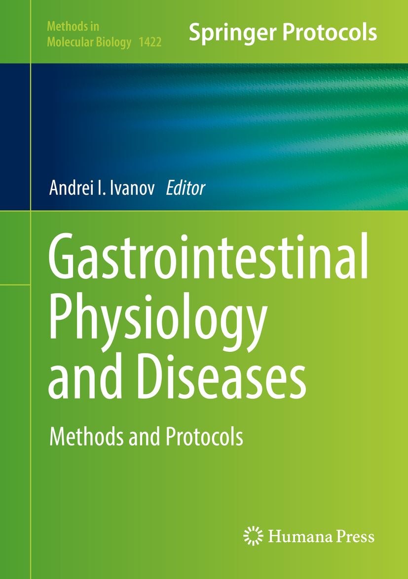 Buchcover: Gastrointestinal Physiology and Diseases. Autor: Andrei I. Ivanov. Verlag: Springer Protocols. Titel in Weiß auf grünem Hintergrund.