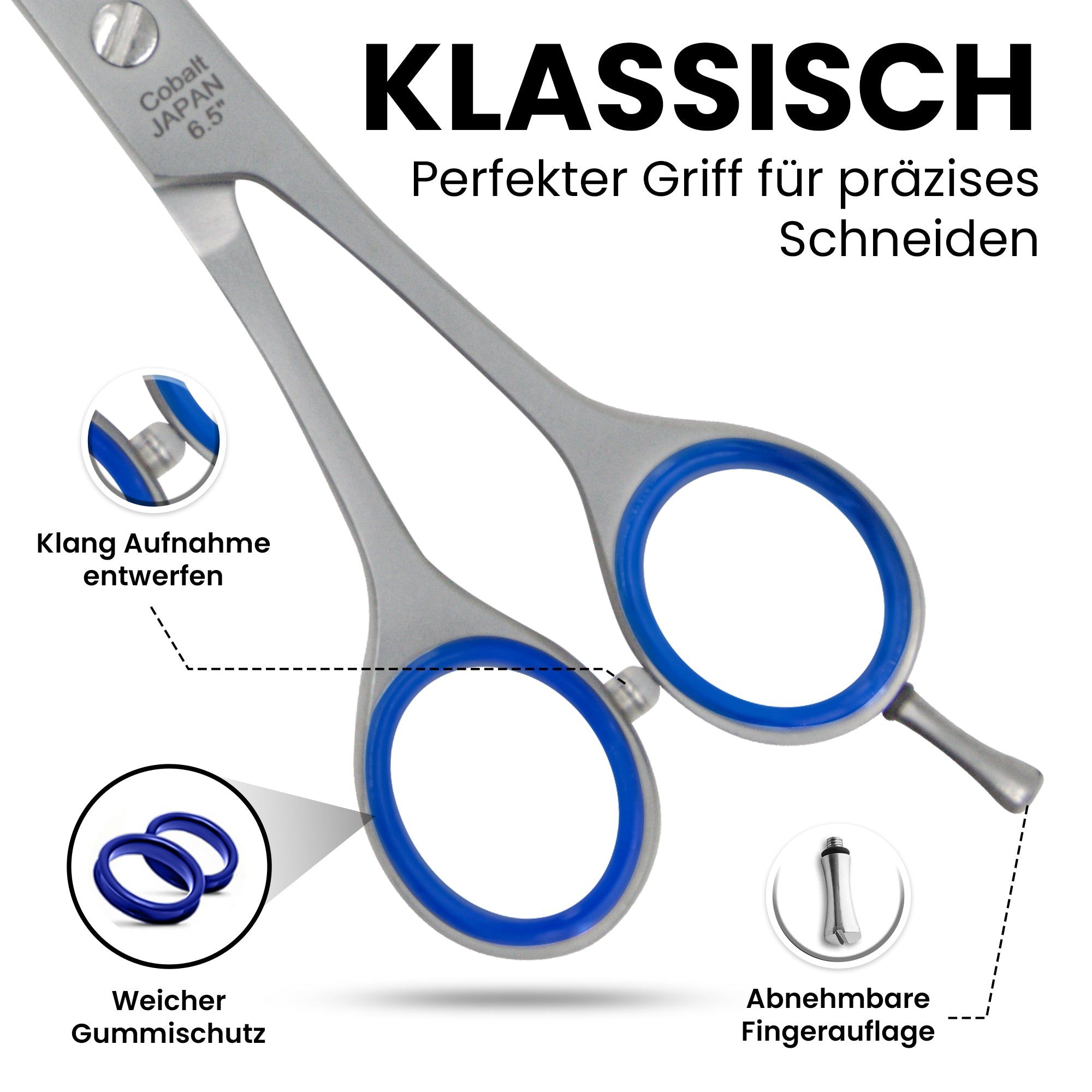 Effilierschere mit blauen Ringen. Text: Cobalt Japan 6.5. Klassisch. Weicher Gummischutz. Abnehmbare Fingerauflage.