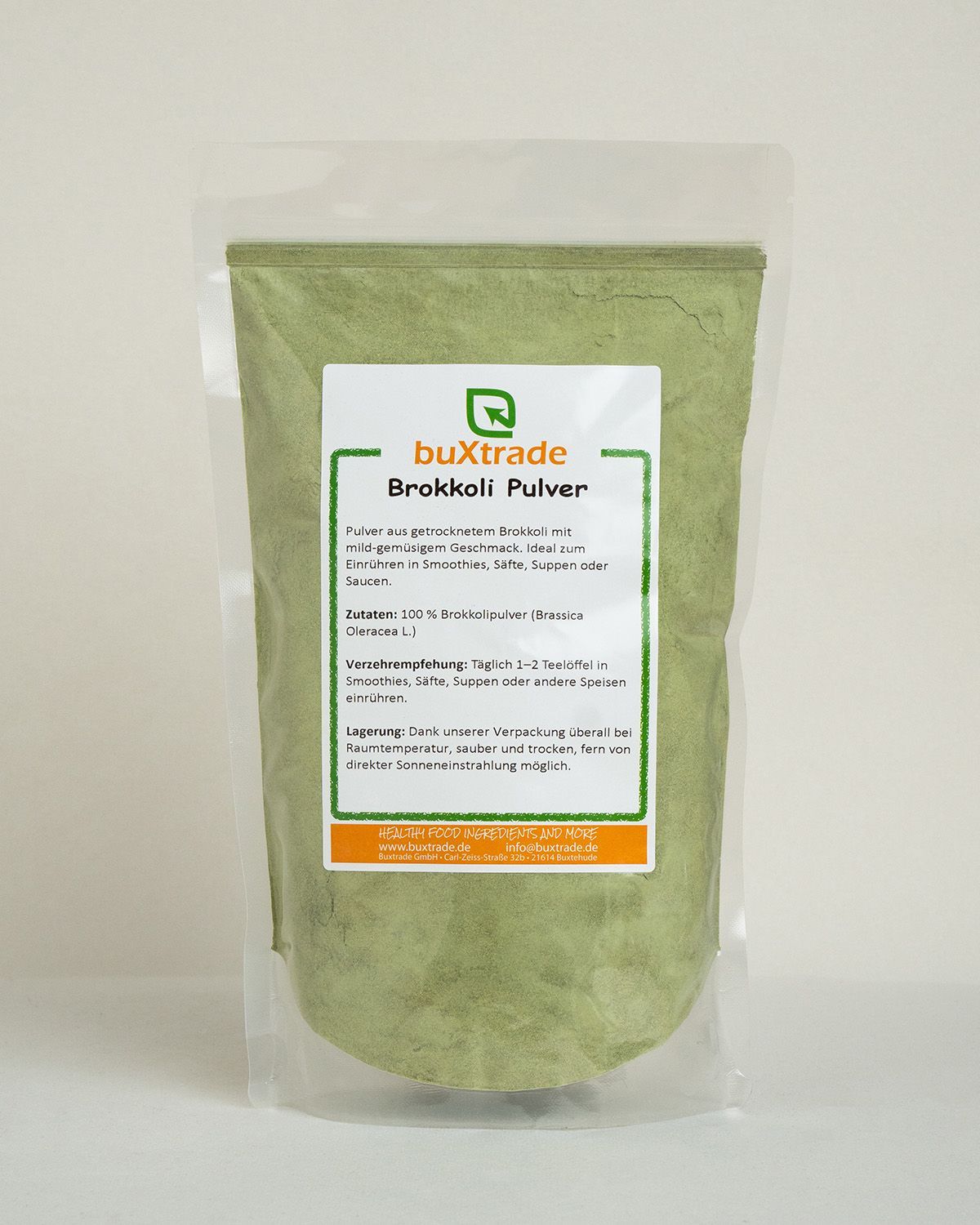 Verpackung mit buXtrade Brokkoli Pulver. Enthält 100% Brokkolipulver.