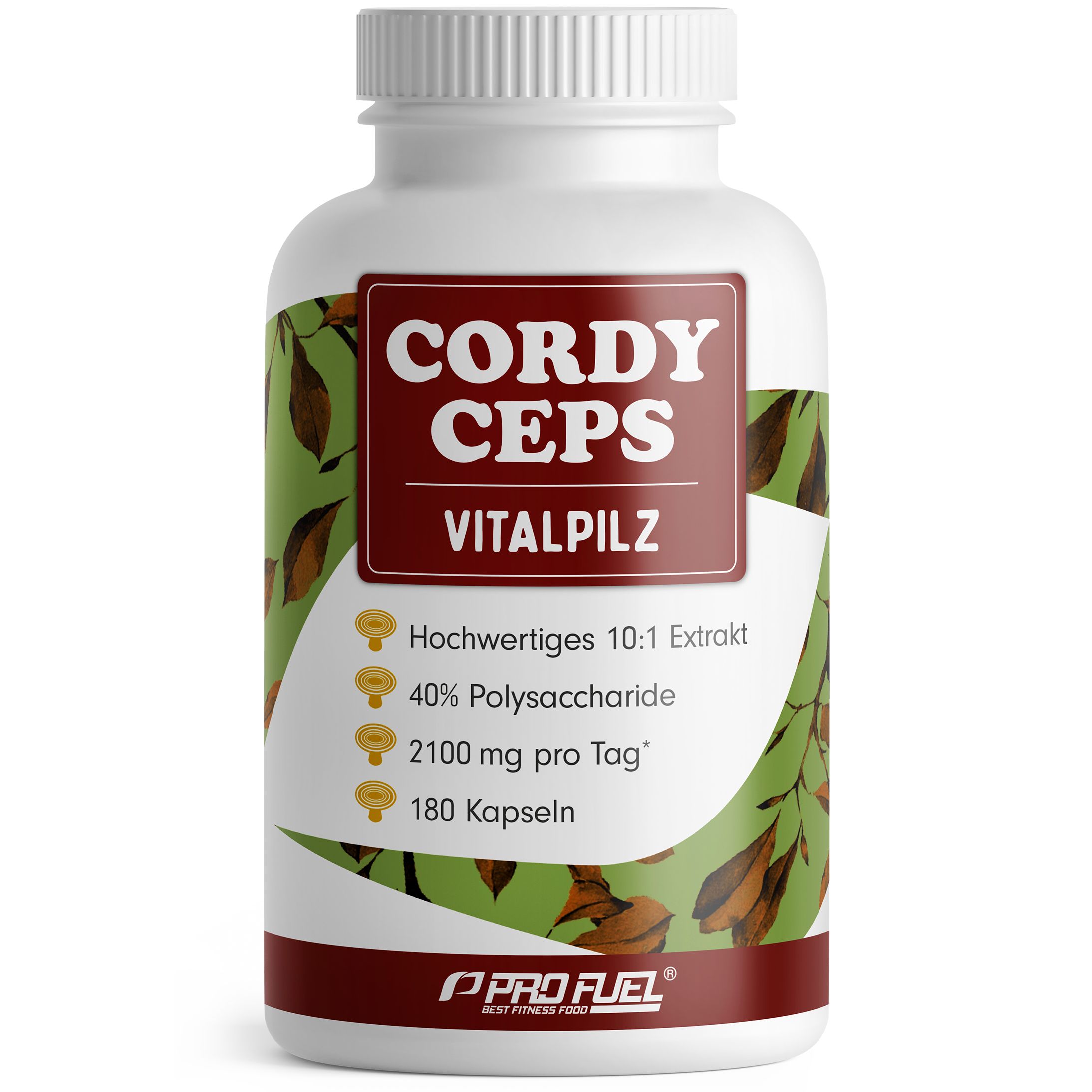 Weiße Flasche mit Cordyceps Vitalpilz Kapseln. Label mit Produktbezeichnung, Inhaltsstoffen und Logo. Braune Blätter als Dekoration.