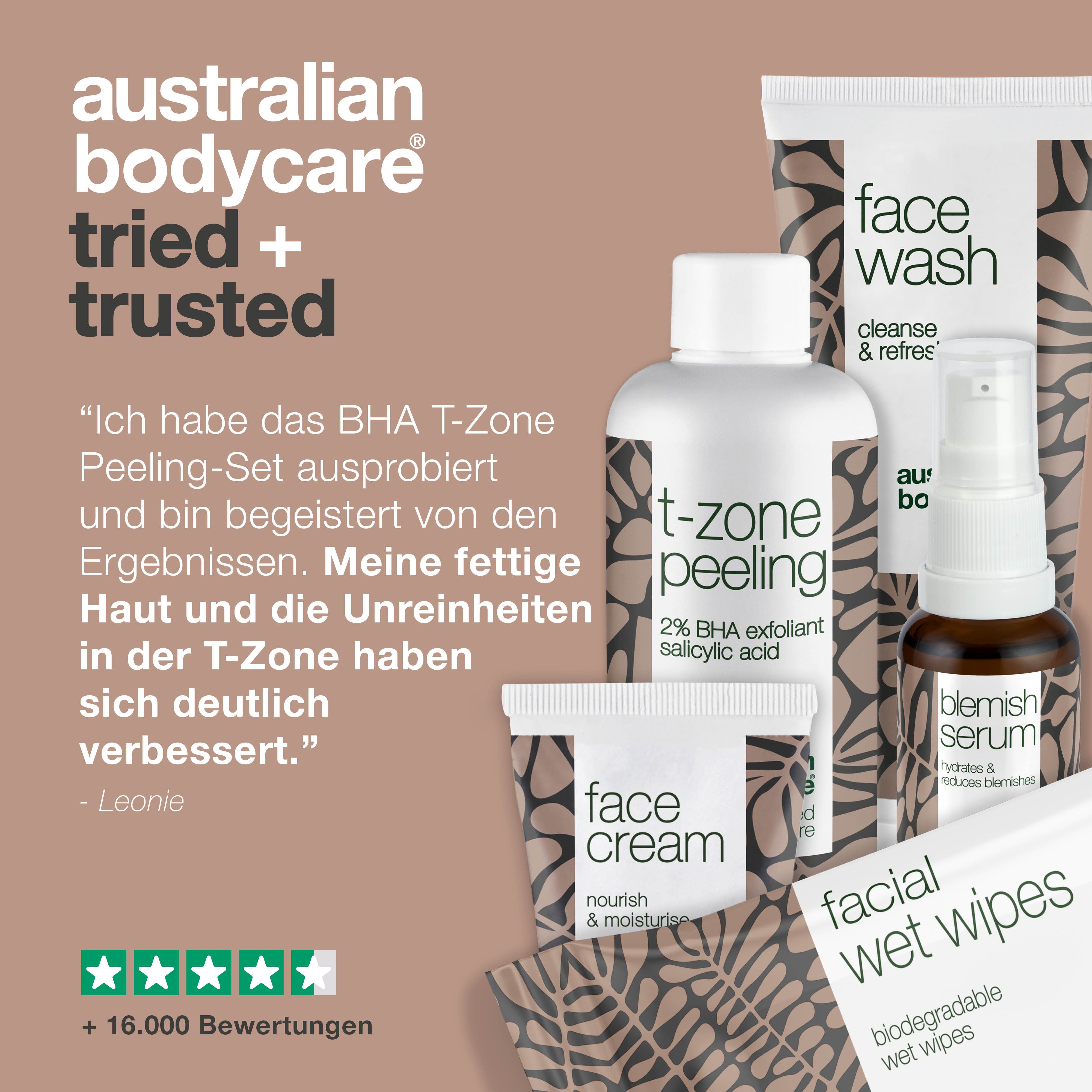 Produkt: T-Zone Peeling. Flasche mit Text und Pfeilen. 100% recycelbare Verpackung.