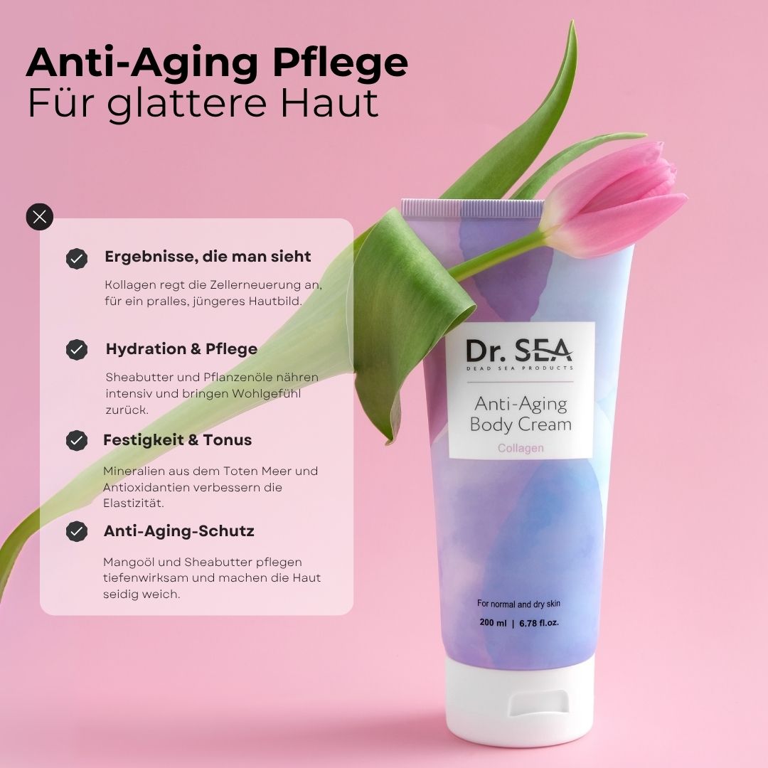 Creme-Tube mit Text und Blume. Text: "Dr. SEA Anti-Aging Body Cream Collagen".