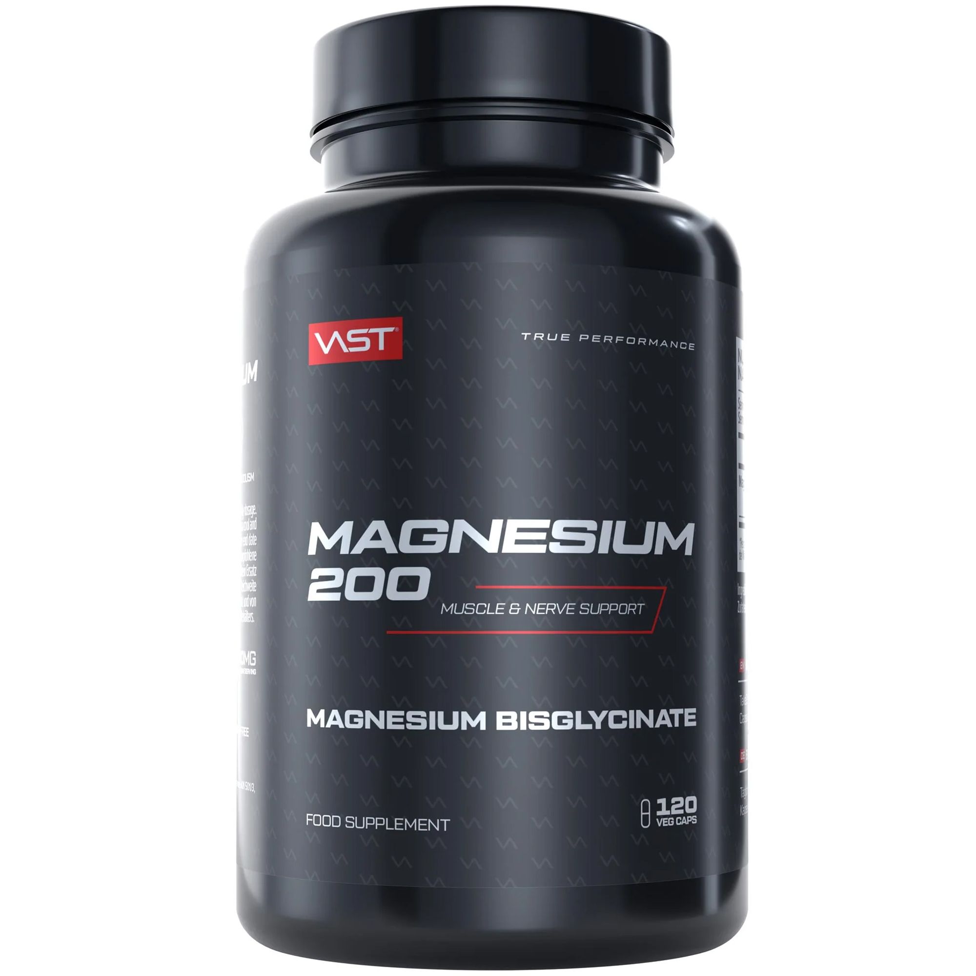 Schwarze Flasche mit "VAST Magnesium 200". Schriftzug: "Magnesium Bisglycinate", "Food Supplement", 120 Veg Caps.