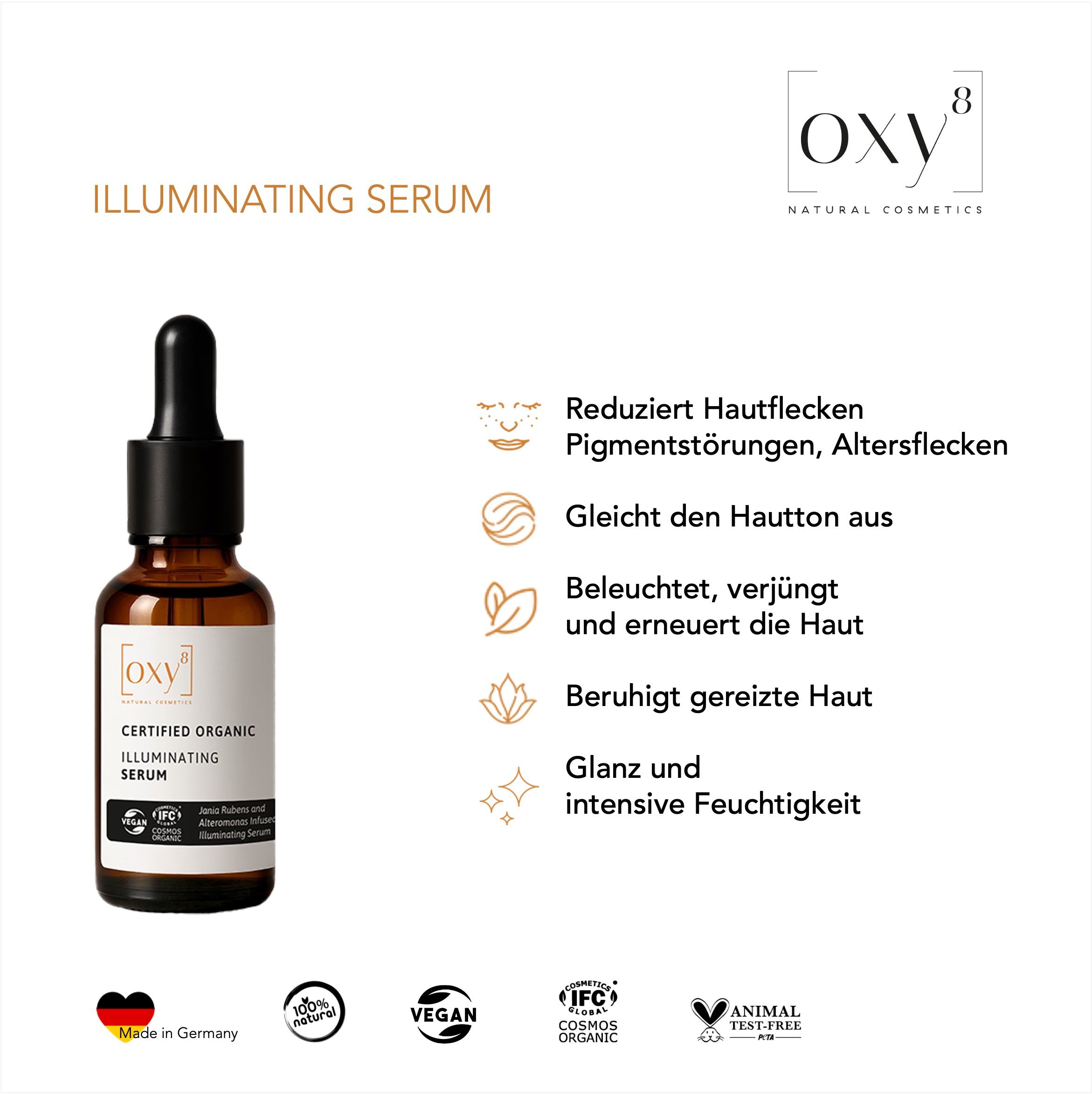 Produktflasche mit Text und Icons. Text: ILLUMINATING SERUM. Icons: Hautunreinheiten, Hautton, Hauterneuerung, gereizte Haut, Glanz.