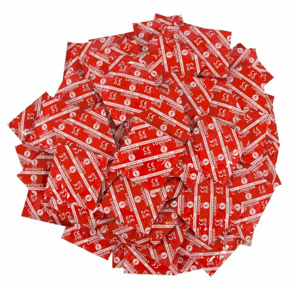 Haufen roter Kondome. Aufschrift: LONDON, ROT, CE 0120, BEFEUCHTET.