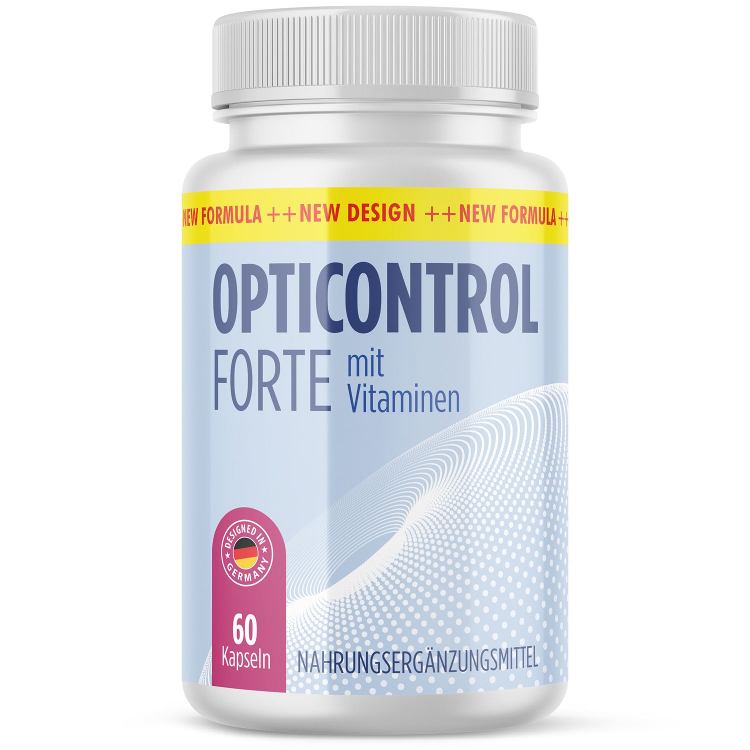 Weiße Flasche mit Opticontrol Forte Kapseln. 60 Kapseln, mit Vitaminen. Aufschrift: Made in Germany.