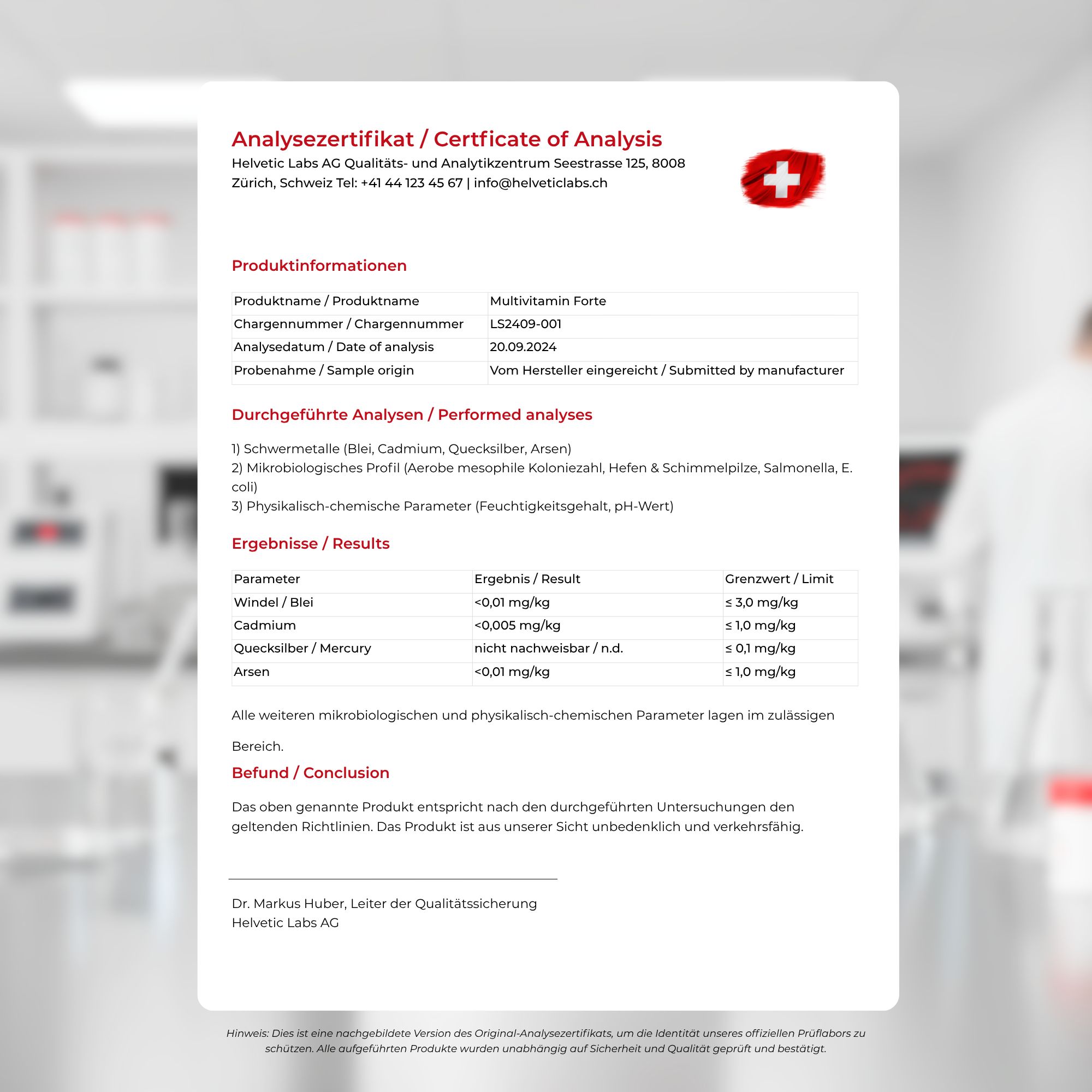 Analyse-Zertifikat. Text: Analyseergebnis, Produktname, Chargennummer, Datum. Schweizer Flagge.