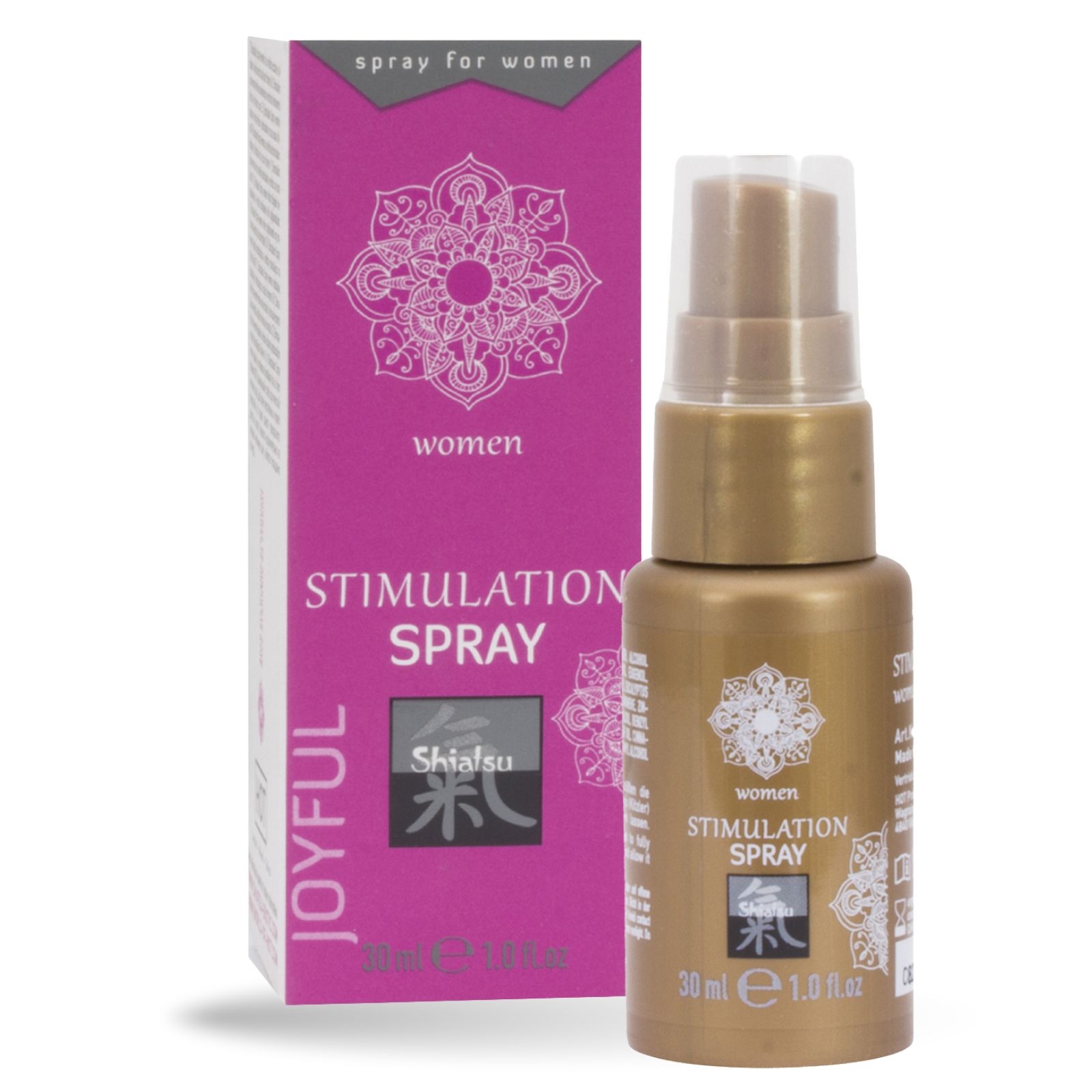 Goldfarbene Flasche mit Sprühkopf und Verpackung. Aufschrift: Stimulation Spray, Shiatsu, 30ml.