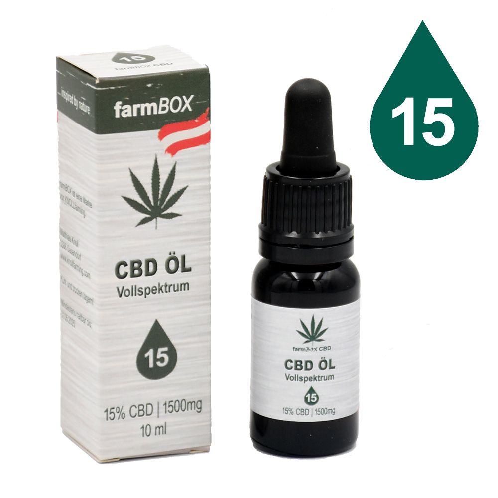 CBD Öl Flasche und Verpackung. Flasche mit Tropfer, Verpackung mit Logo und Produktinformationen. Tropfen-Symbol mit 15.