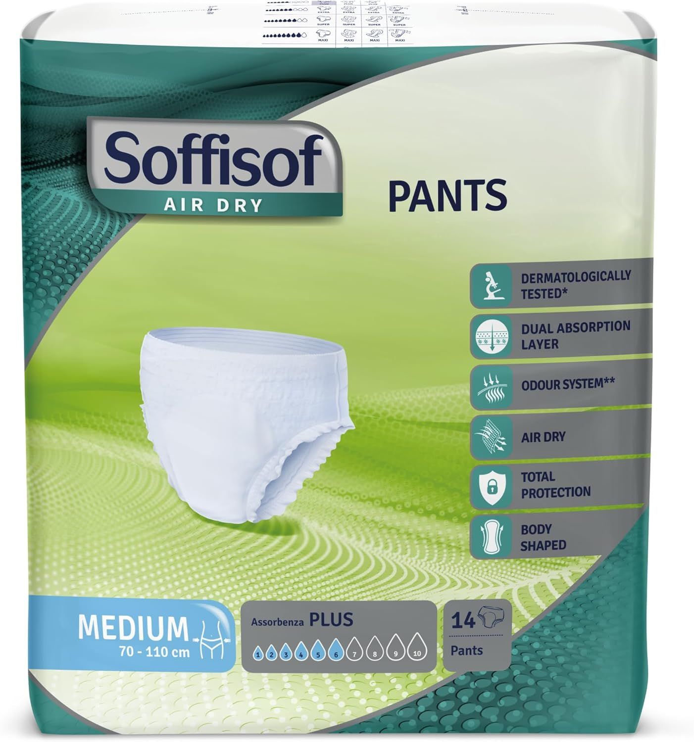 Verpackung Soffisof Pants Plus. Medium, 70-110 cm. 14 Pants. Merkmale: dermatologisch getestet, Dual Absorption Layer, Geruchssystem, Air Dry.