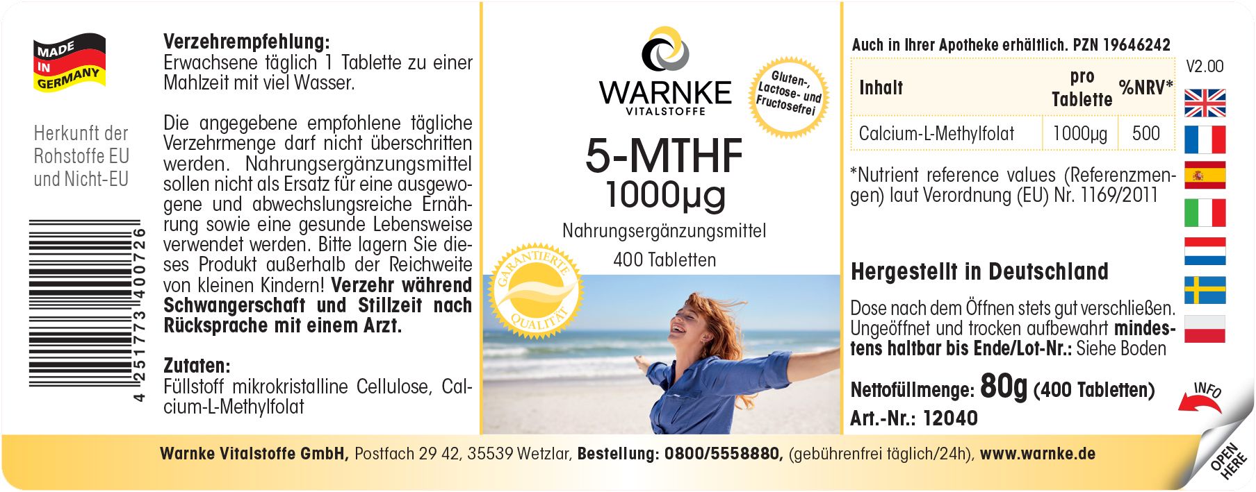 Etikett auf weißem Pillenglas. Aufschrift: WARNKE, 5-MTHF 1000µg, Nahrungsergänzungsmittel, 400 Tabletten. Gluten-, Laktose- und Fructosefrei.