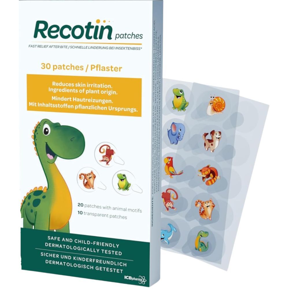 Verpackung mit Recotin Mückenpflaster. 30 Pflaster, davon 20 mit Tiermotiven. Dermatologisch getestet.