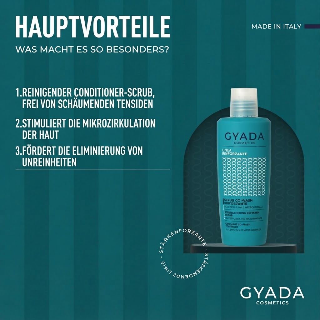 Türkise Flasche mit "GYADA COSMETICS" "STÄRKENDES CO-WASH" auf einem Regal.