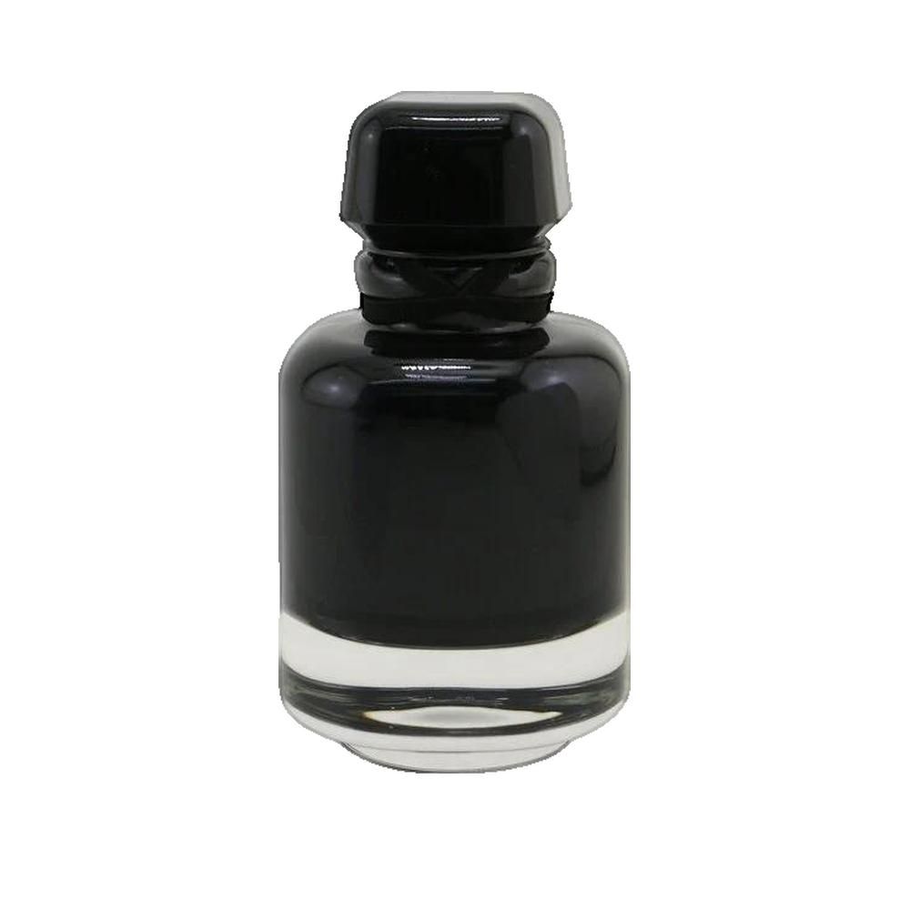 Schwarzer Flakon mit schwarzem Verschluss. Transparenter Boden.