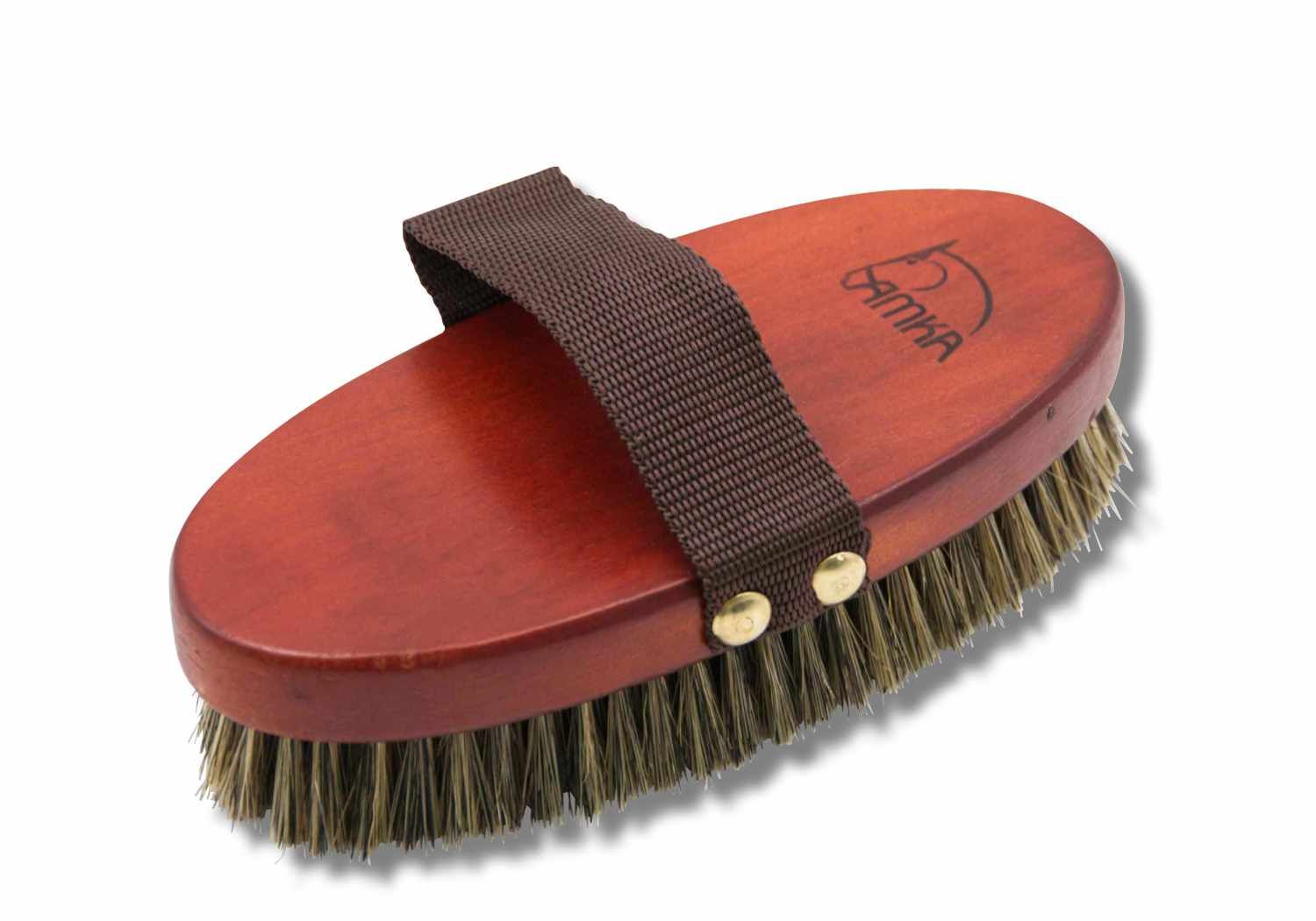 AMKA Pferdebürste mit Holzrücken, braun. Borsten, braun. Mit Nylonschlaufe.