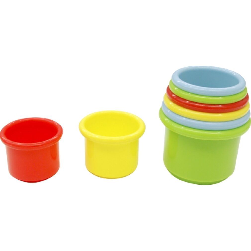 Drei verschiedenfarbige, zylindrische Becher. Ein roter, ein gelber und ein grüner Becher, der mit anderen Bechern gestapelt ist.