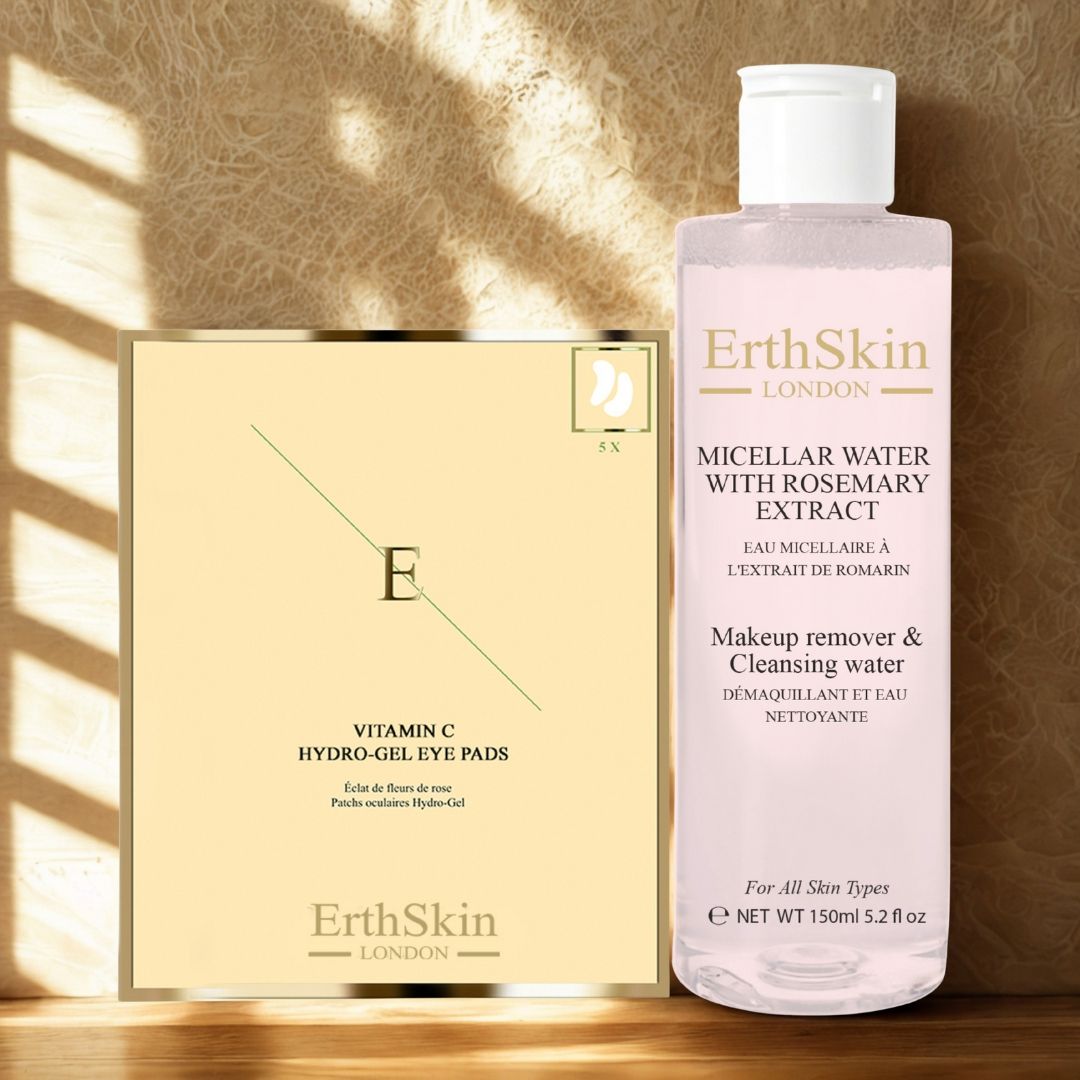 ErthSkin London Augenpads und Mizellenwasser. Pads in goldener Verpackung, Flasche mit rosa Flüssigkeit und weißem Deckel.