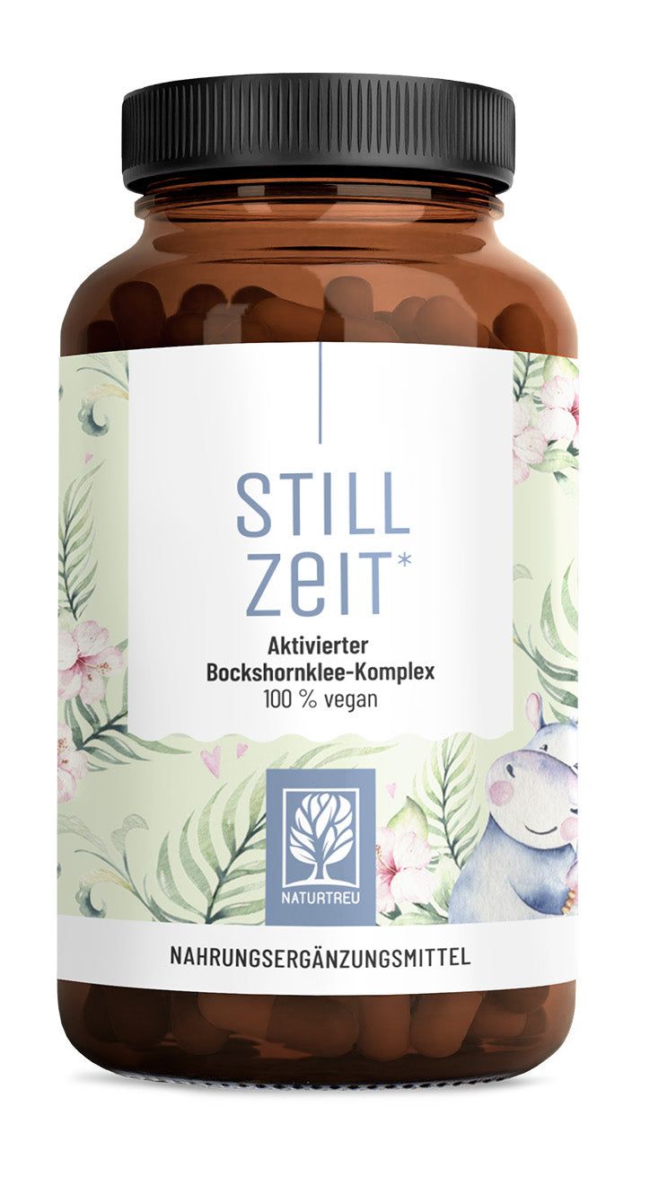 Braune Glasflasche mit schwarzen Deckel. Aufkleber mit Text: STILL ZEIT, Aktivierter Bockshornklee-Komplex, 100% vegan. Logo NATURTREU®.