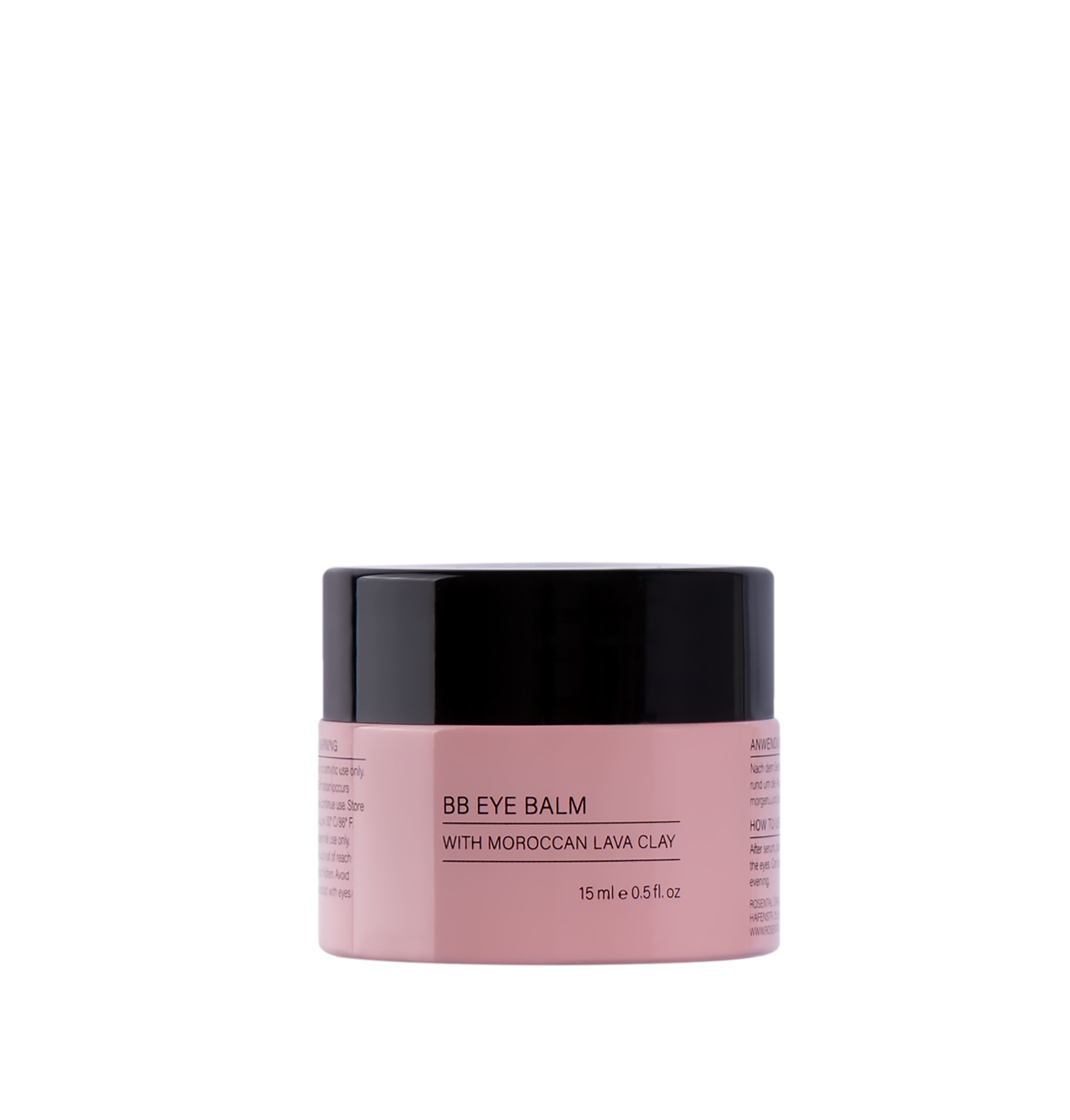 Produktbehälter, rosa mit schwarzem Deckel. Produktbezeichnung und Inhaltsstoffe.