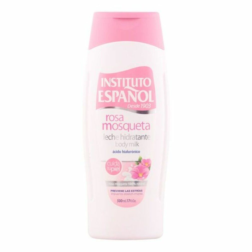 Instituto Español Rosa Mosqueta Body Milk mit Hyaluronsäure in weißer Flasche mit rosa Verschluss.