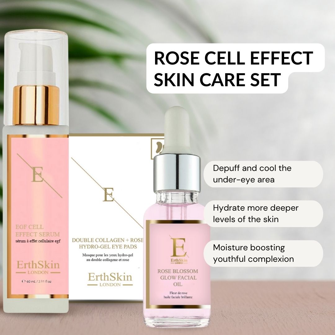 ErthSkin London Set mit Serum, Öl und Augenpads. Rosa Etiketten, silberne und goldene Akzente. Text: Rose Cell Effect Skin Care Set.