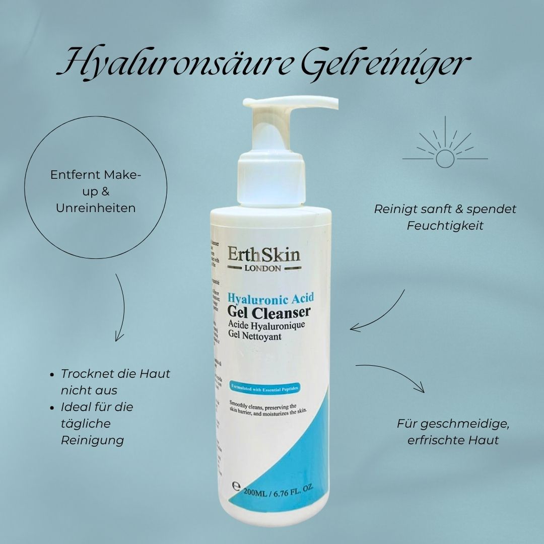 Flasche mit Pumpe. ErthSkin London Hyaluronic Acid Gel Cleanser. Text über Vorteile. 200ml.