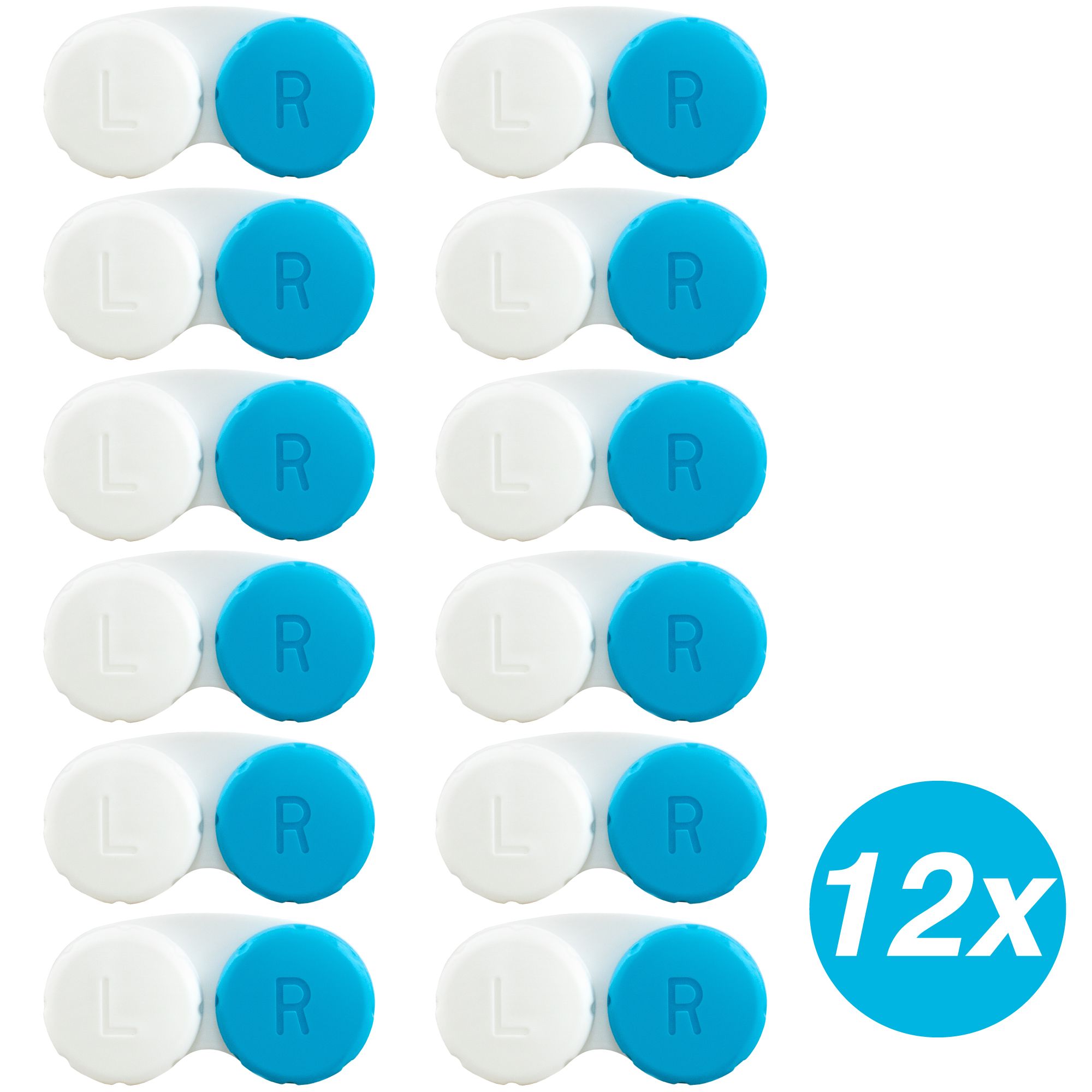 12 Kontaktlinsenbehälter, weiß mit blauen Deckeln. Aufschrift "R" und "L". Aufkleber mit "12x".