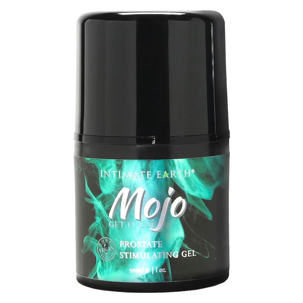 Zylindrische Flasche mit schwarzem Deckel. Auf dem Etikett steht "Intimate Earth Mojo Prostate Stimulating Gel".