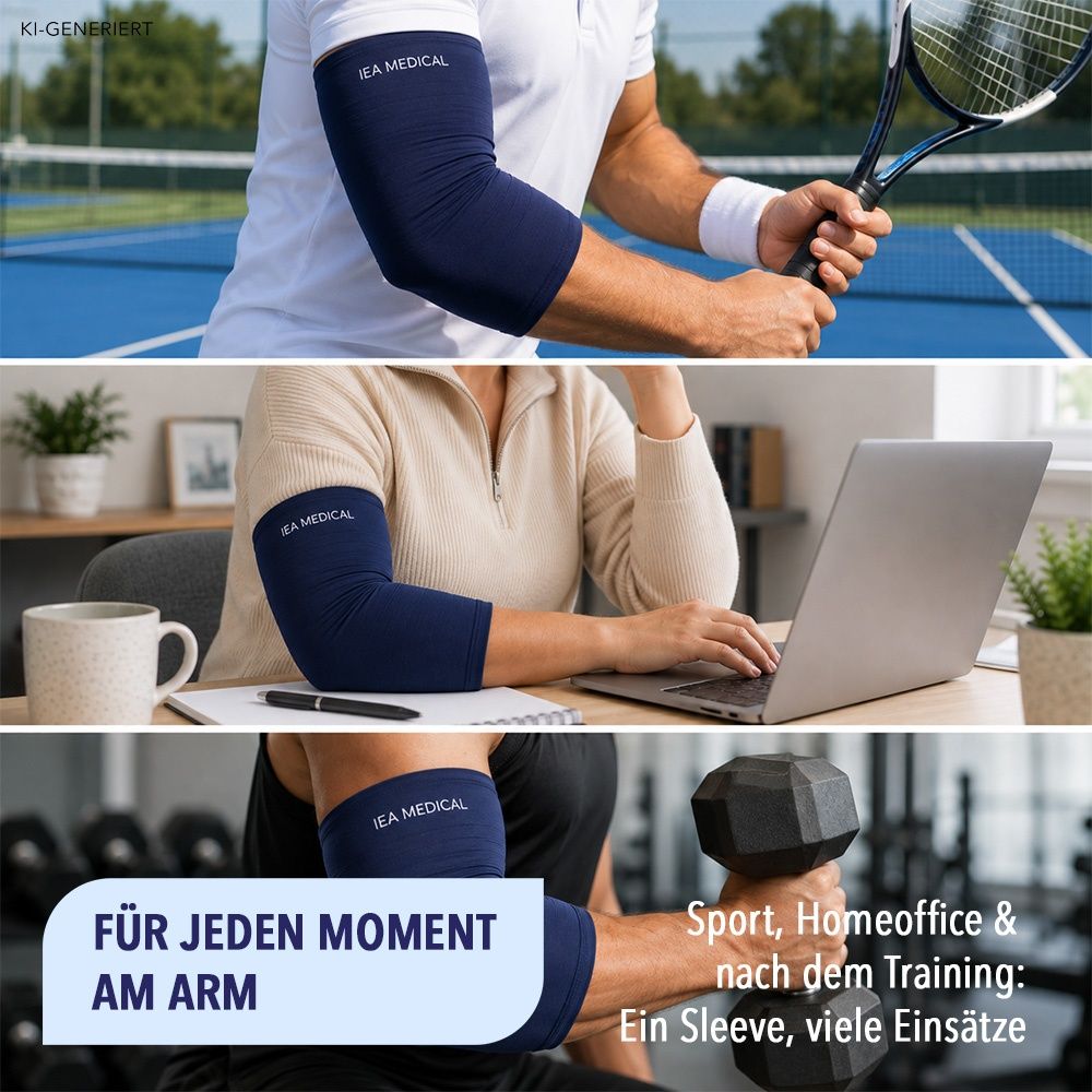 Collage: IEA Medical Kühlmanschette beim Sport, im Homeoffice und beim Training.