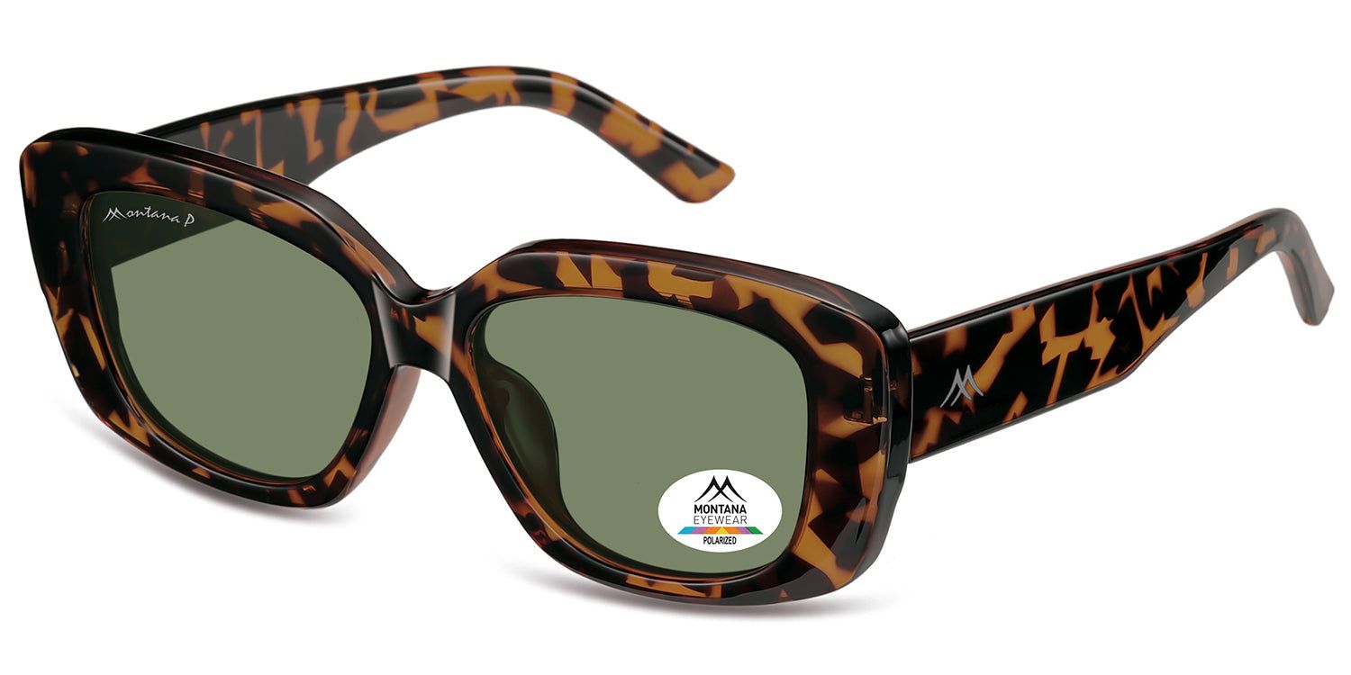 Sonnenbrille mit braunem Schildpattmuster. Grüne Gläser. Logo und Schriftzug Montana Eyewear. Polariert.