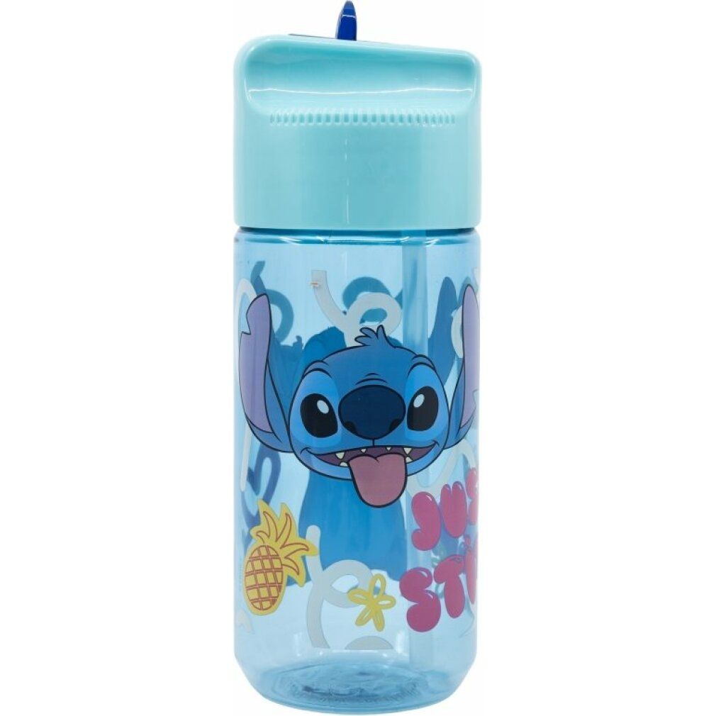 Hellblaue Trinkflasche mit aufgedrucktem Cartoon-Charakter. Der Deckel ist ebenfalls hellblau. Der Flaschenkörper ist transparent.