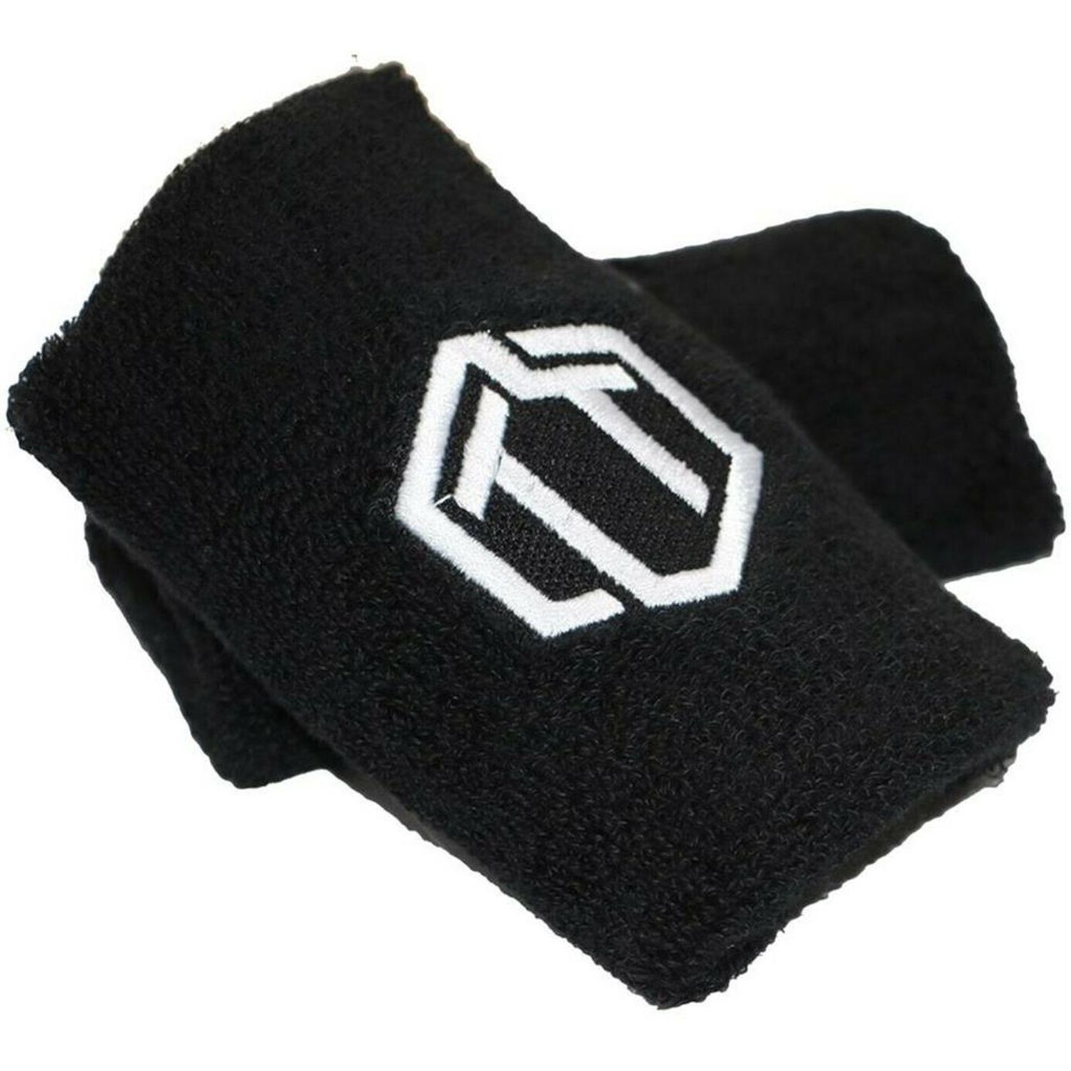 Zwei schwarze Handgelenkschützer mit weißem Logo. Aus weichem Material, mit Logo-Stickerei.