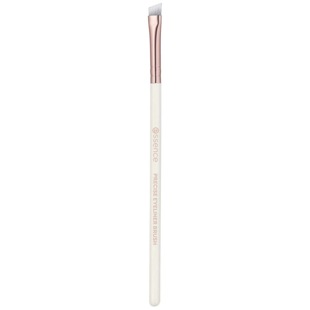 Eyeliner-Pinsel mit weißem Griff, schräger Spitze und roségoldener Zwinge. Aufschrift: Essence Precise Eyeliner Brush.