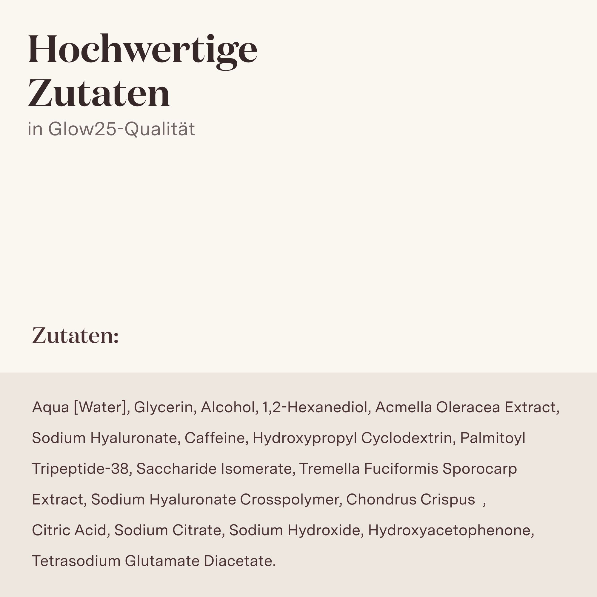 Liste der Inhaltsstoffe von Augenpads. Aufschrift: Glow25-Qualität. Zutaten: Aqua, Glycerin, Alkohol, etc.