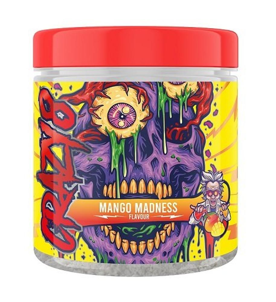 Behälter mit gelbem Etikett. Aufdruck: Schädel mit Augen, Schriftzug "Crazy 8" und "Mango Madness". Roter Deckel.