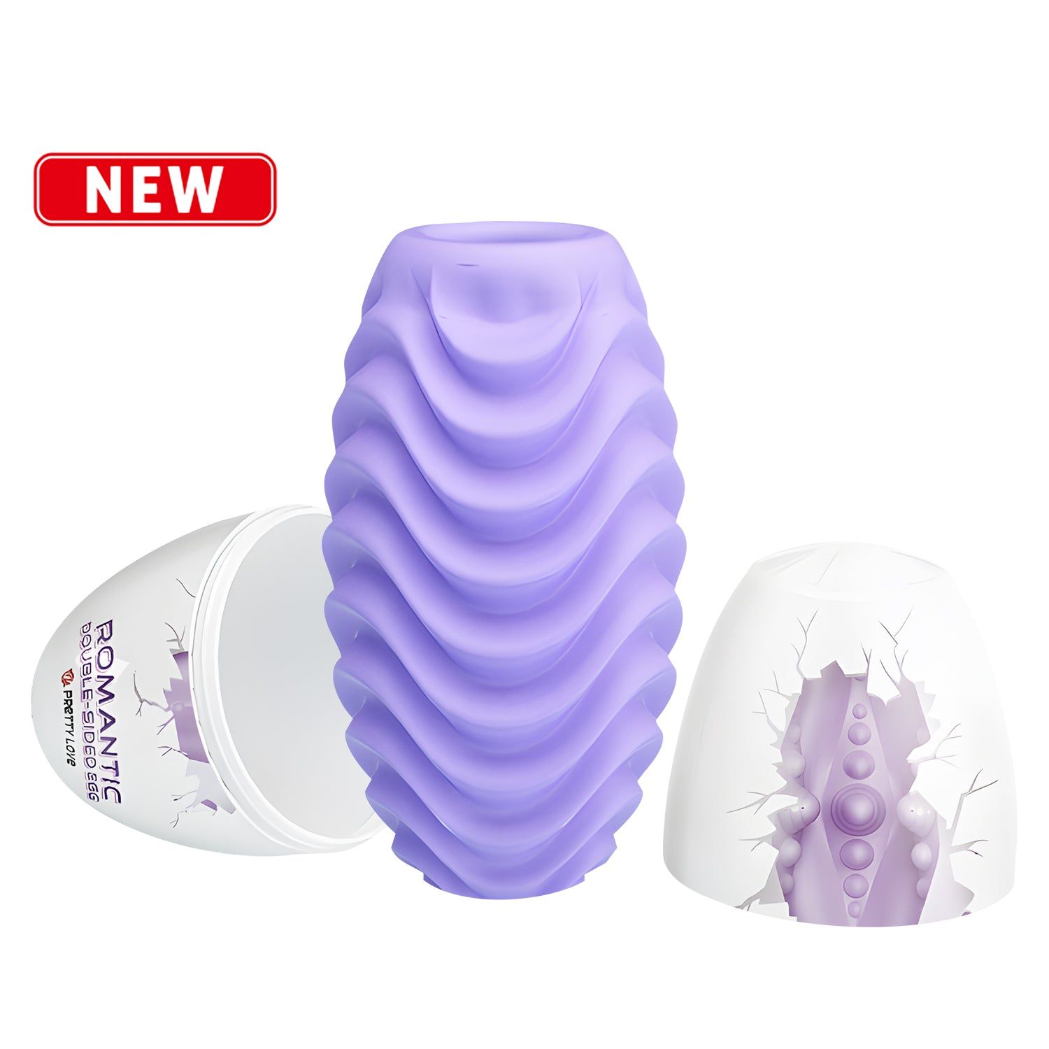 Lila, eiförmiges Produkt in Verpackung. Verpackung mit Rissen, Produkt mit Wellenmuster. Marke: Pretty Love.