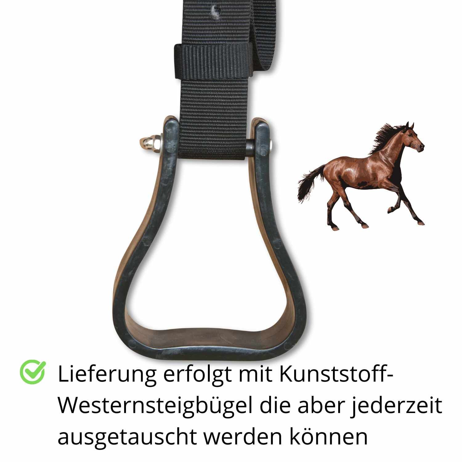 Nahaufnahme eines Steigbügels. Text: Lieferung erfolgt mit Kunststoff-Westernsteigbügel die aber jederzeit ausgetauscht werden können.