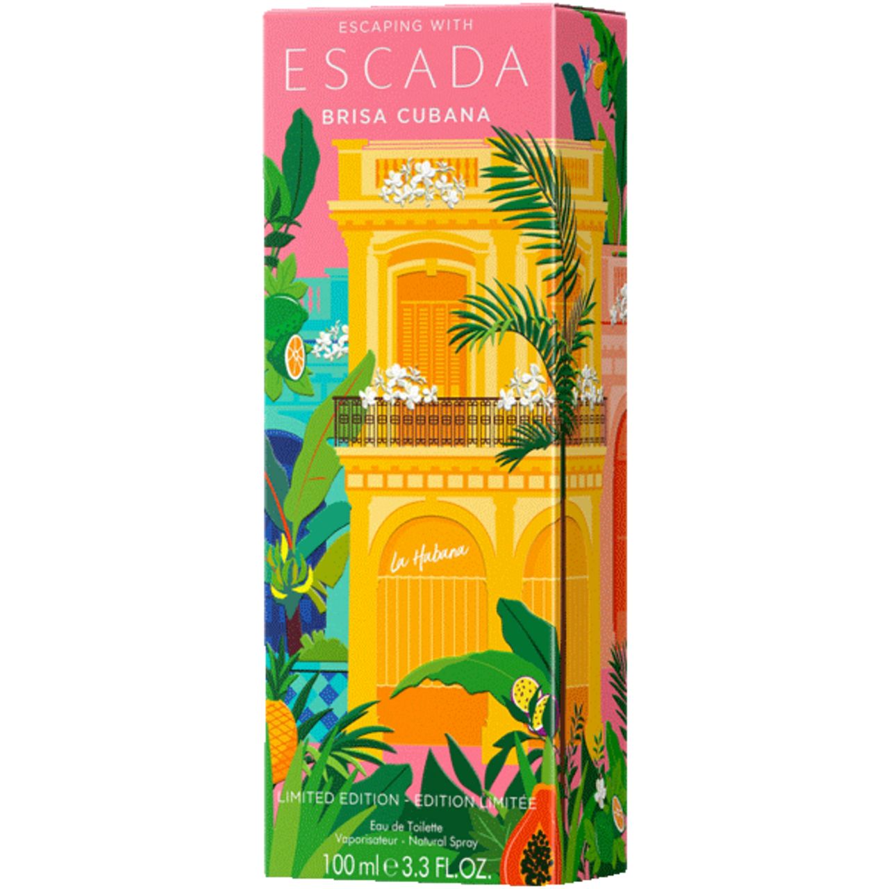 Verpackung für Escada Brisa Cubana. Bunte Illustration mit Gebäude, Palmen und Früchten.