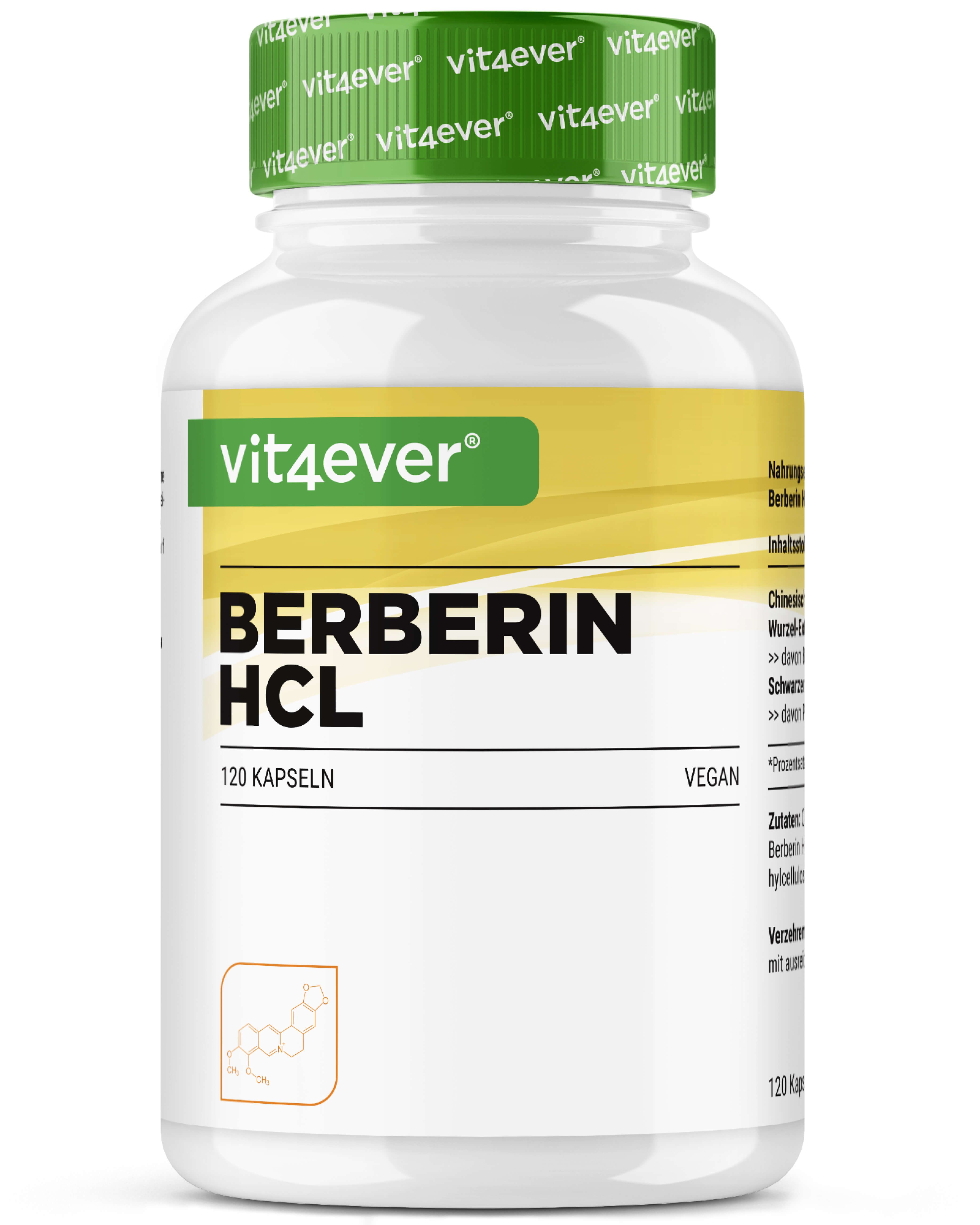 Weiße Flasche mit grünem Deckel. Aufschrift: vit4ever Berberin HCL, 120 Kapseln, vegan. Gelbes Etikett.