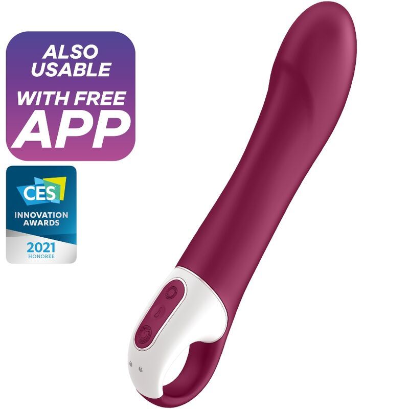 Bordeauxfarbener Vibrator mit weißem Bedienfeld. Aufschrift: Also Usable With Free App. CES Innovation Awards 2021.