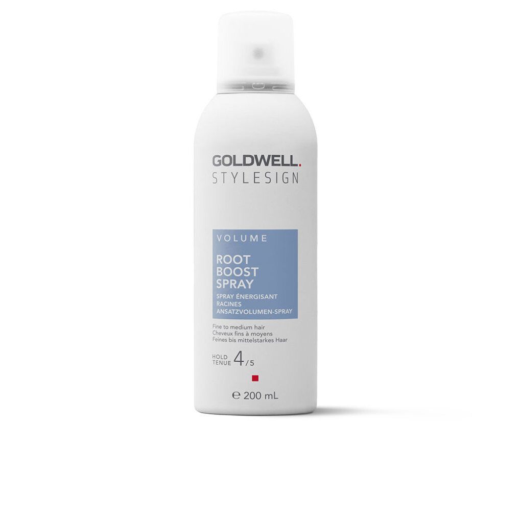 Weiße Sprühflasche mit Goldwell-Logo. Text: Volume Root Boost Spray. 200 ml.