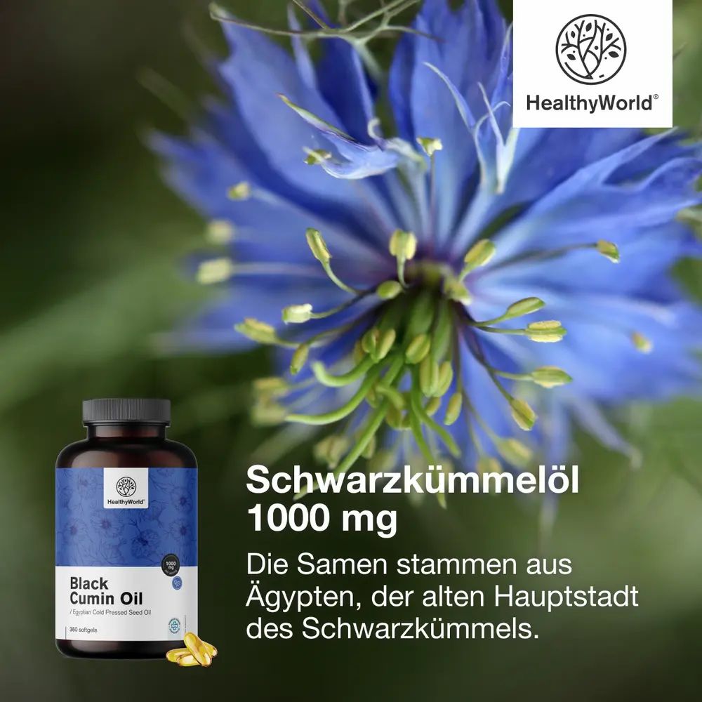 Flasche Schwarzkümmelöl 1000 mg, 360 Kapseln. Drei Kapseln daneben. Text: '3 kaufen und sparen'.