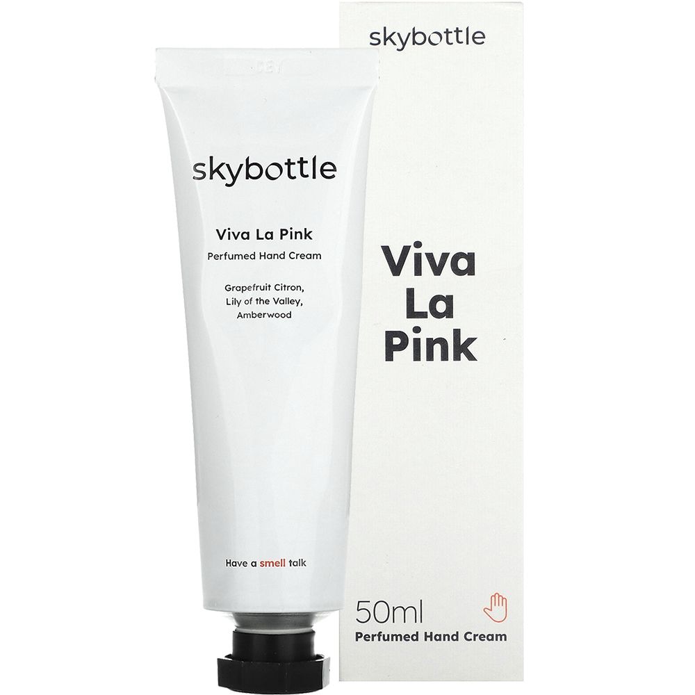 Weiße Tube und Schachtel. Aufschrift: skybottle, Viva La Pink, 50ml, parfümierte Handcreme. Hand-Symbol.